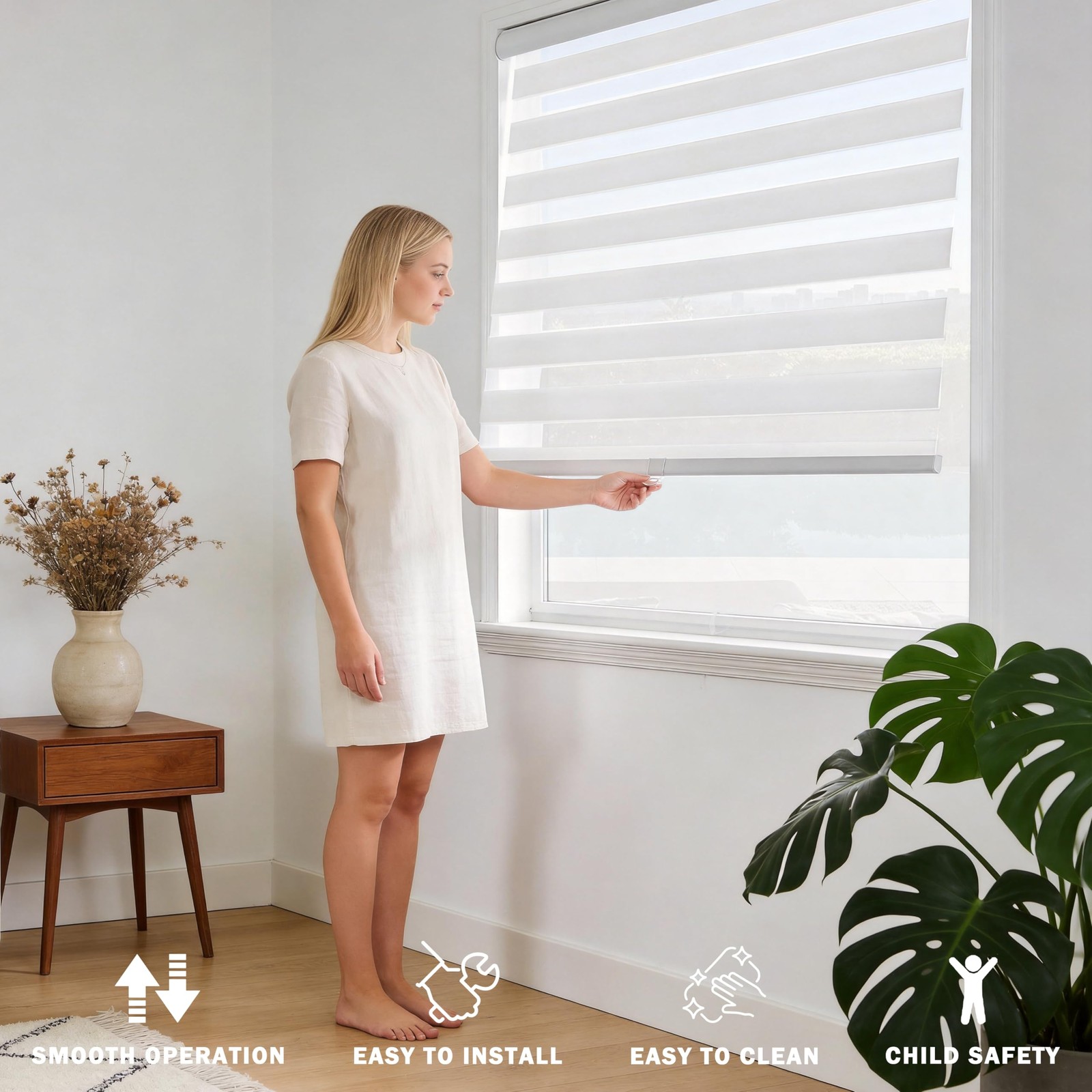 Cordless Zebra Blinds for Indoor Windows Free-Stop Zebra Shades Dual Layer Li…