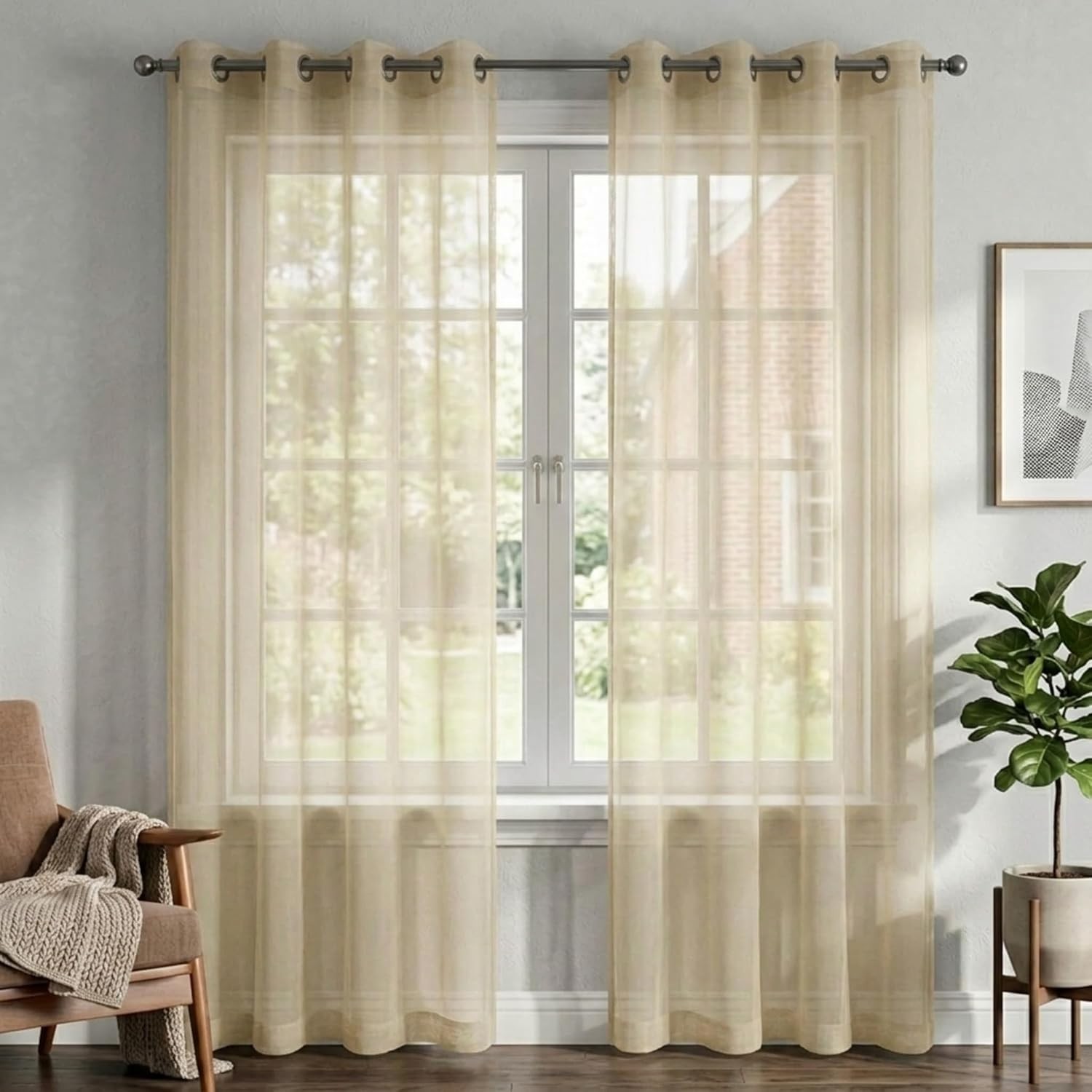 Grommet Sheer Curtains, 84 Inches Long, 2 Panel Set, 54″ W x 84″ L, Beige