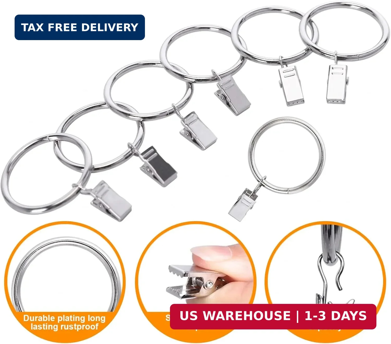 44 Pack Curtain Rings with Clips Hooks, Silver Drapery Clips with Rings Stainles