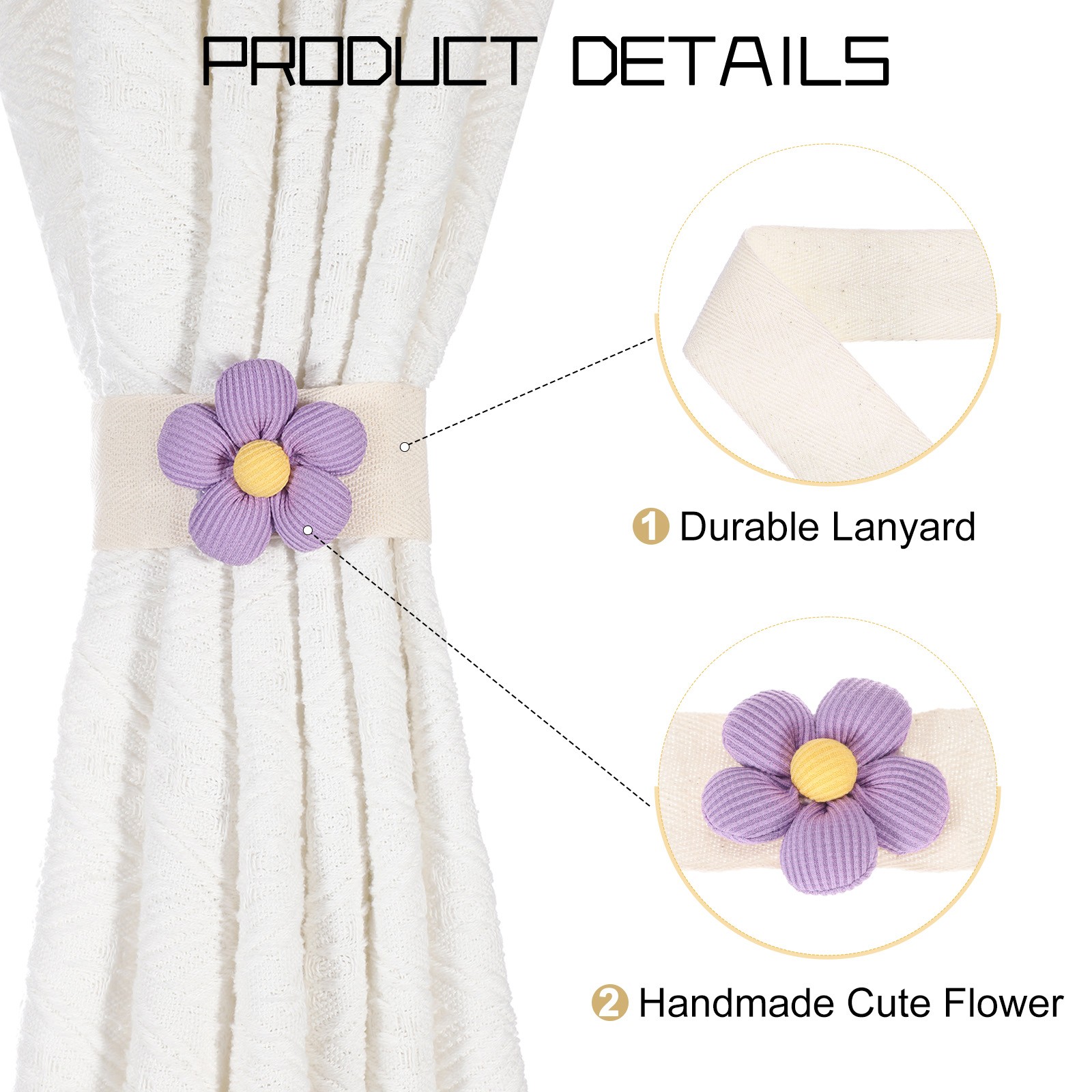 2 Pack Curtain Tiebacks Cute Flower Curtain Ties Five-petal Purple