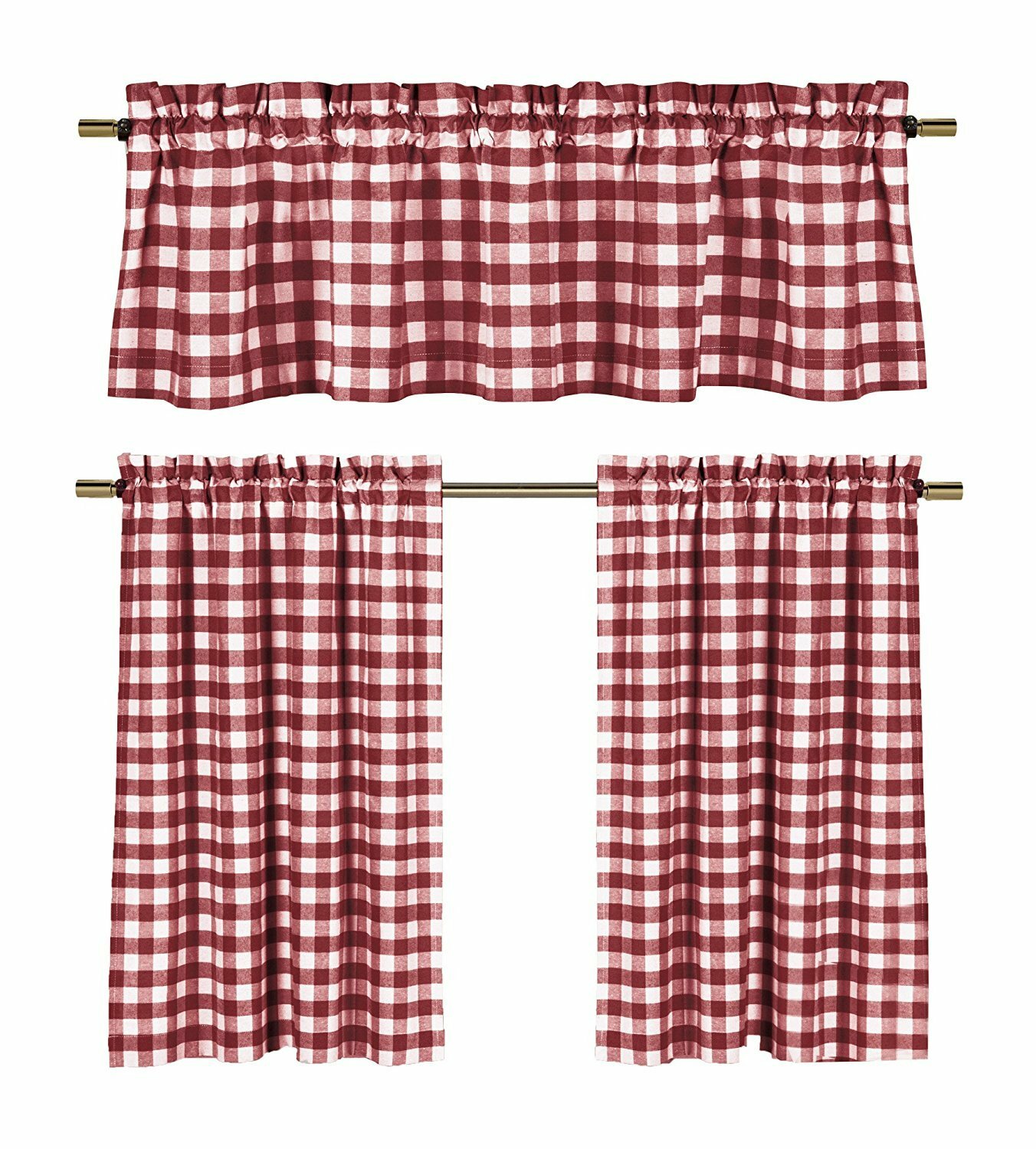 Poly Cotton Gingham Checkered Plaid Design 3-Piece Kitchen Curtain Valance Set