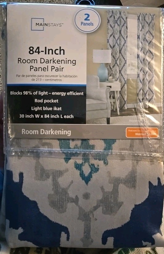 Mainstays Room Darkening Rod Pocket Curtain 84″ X 30″ Light Blue IKAT 2 Panels