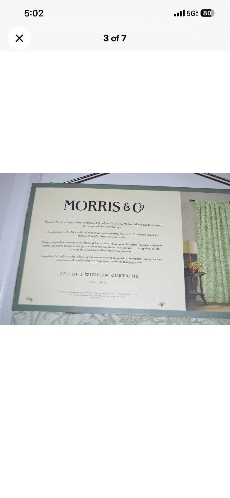WILLIAM MORRIS Co Sage Green Floral Lodden Textured Curtains (2 x 37 x 96″)