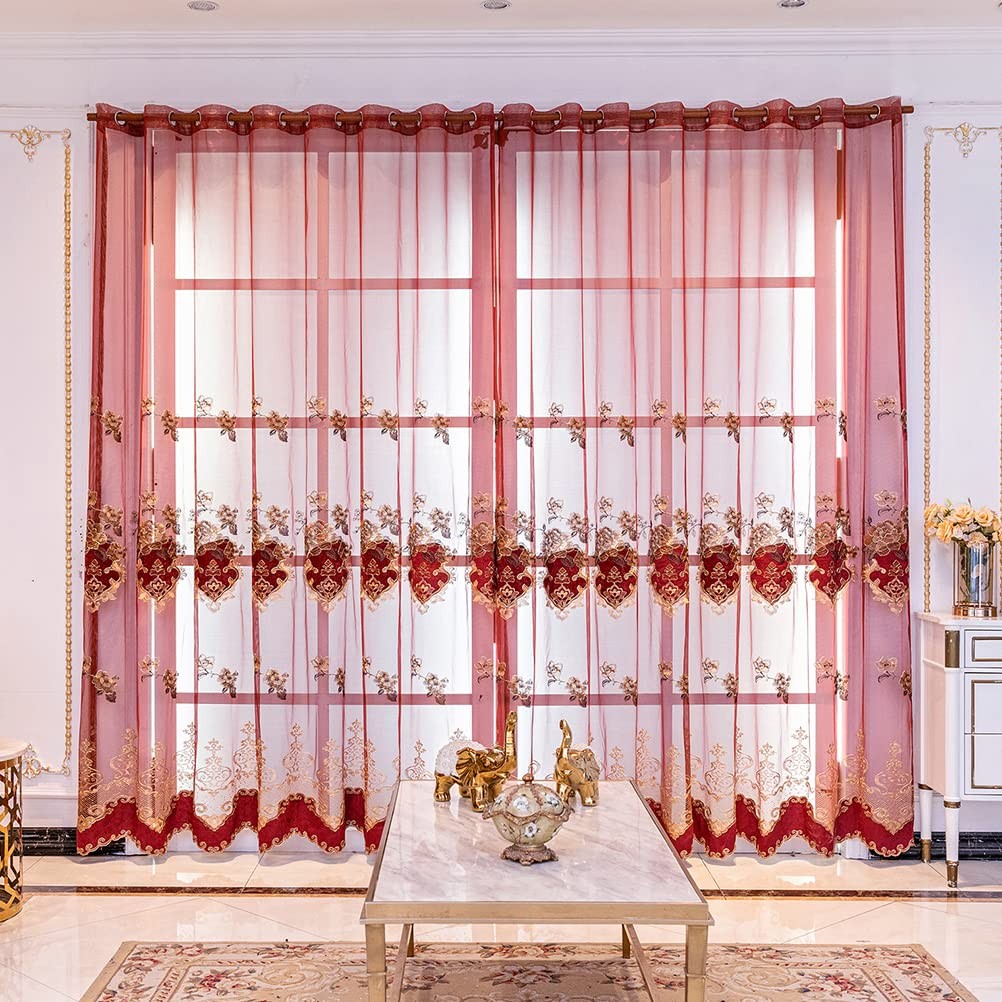 Elkca European Style Luxury Festival Burgundy Red Embroidered Sheer Curtain For