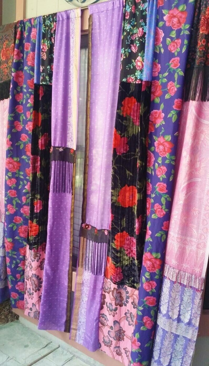 2 Pcs Indian Sari Patchwork Curtain Drape Window Decor Multi Silk Sari Curtain