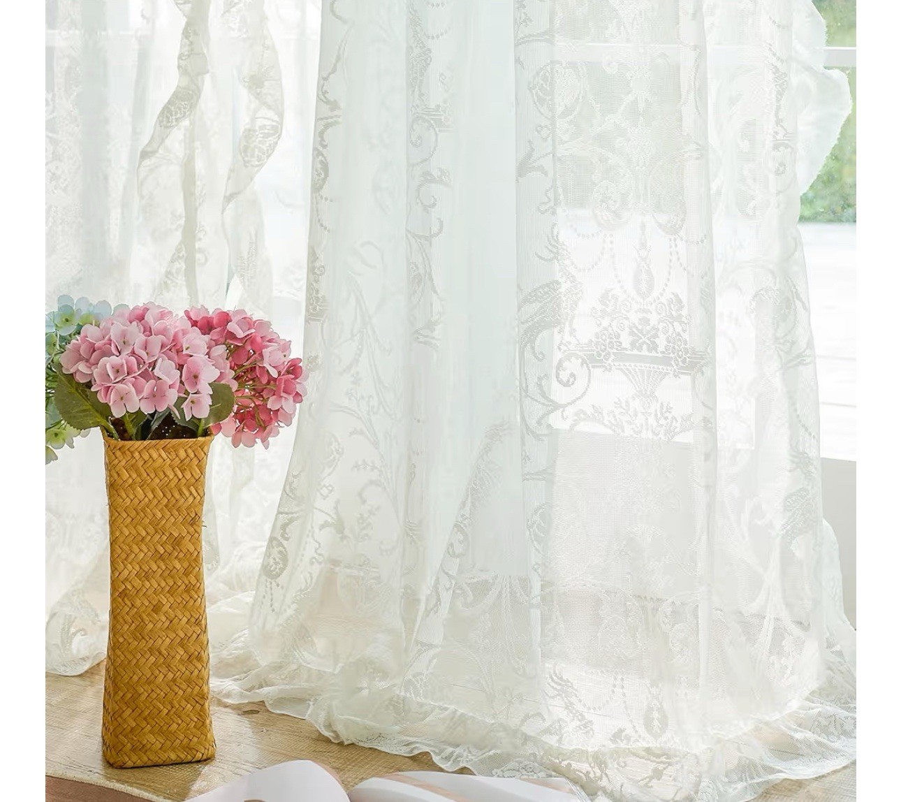 TUDECO Lace curtains Ivory Translucent curtains w/floral ruffles 2 panels 59×45