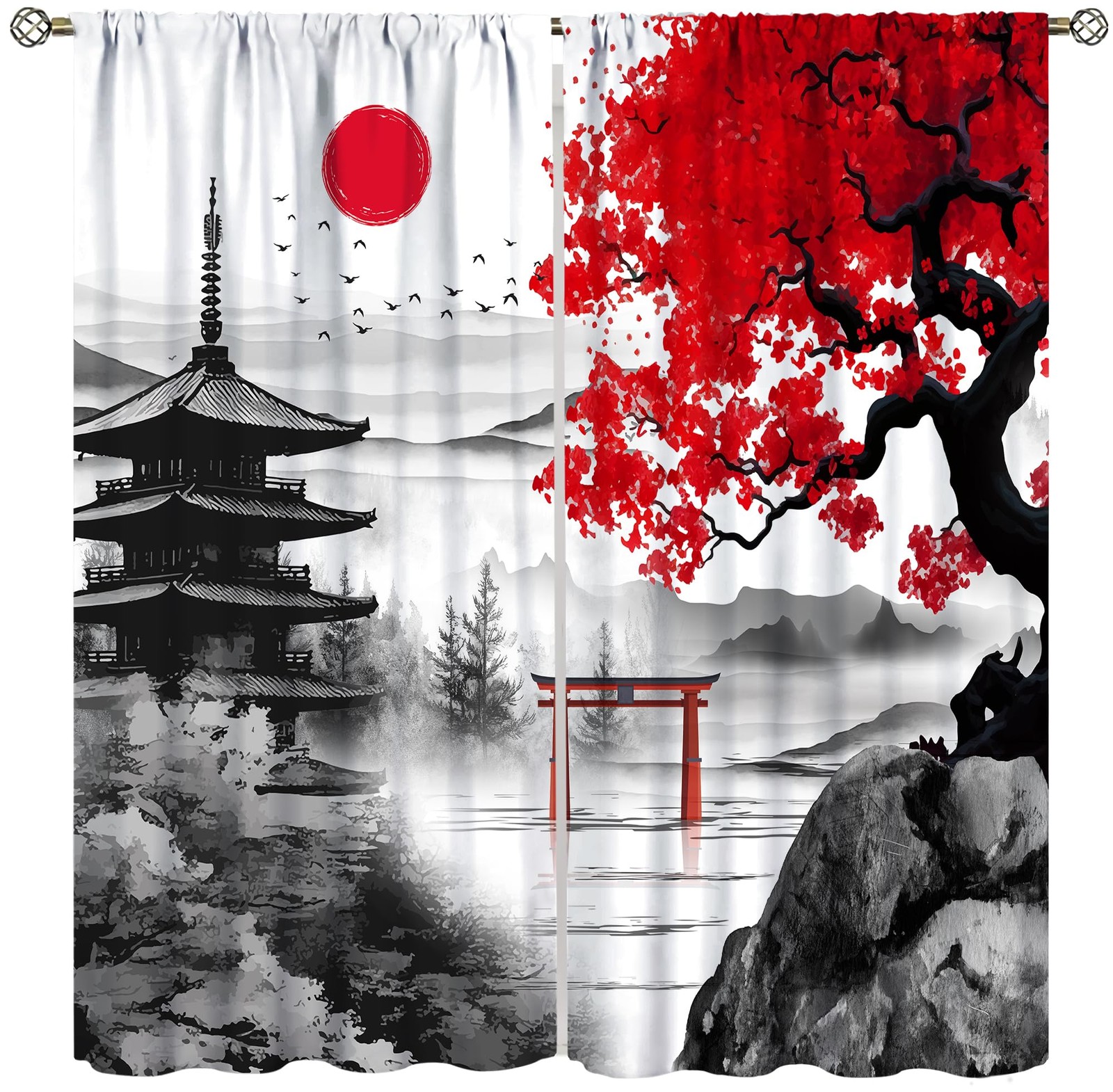 Japanese Cherry Blossom Curtains Rod Pocket Black Red Asian Anime Chinese Wat…