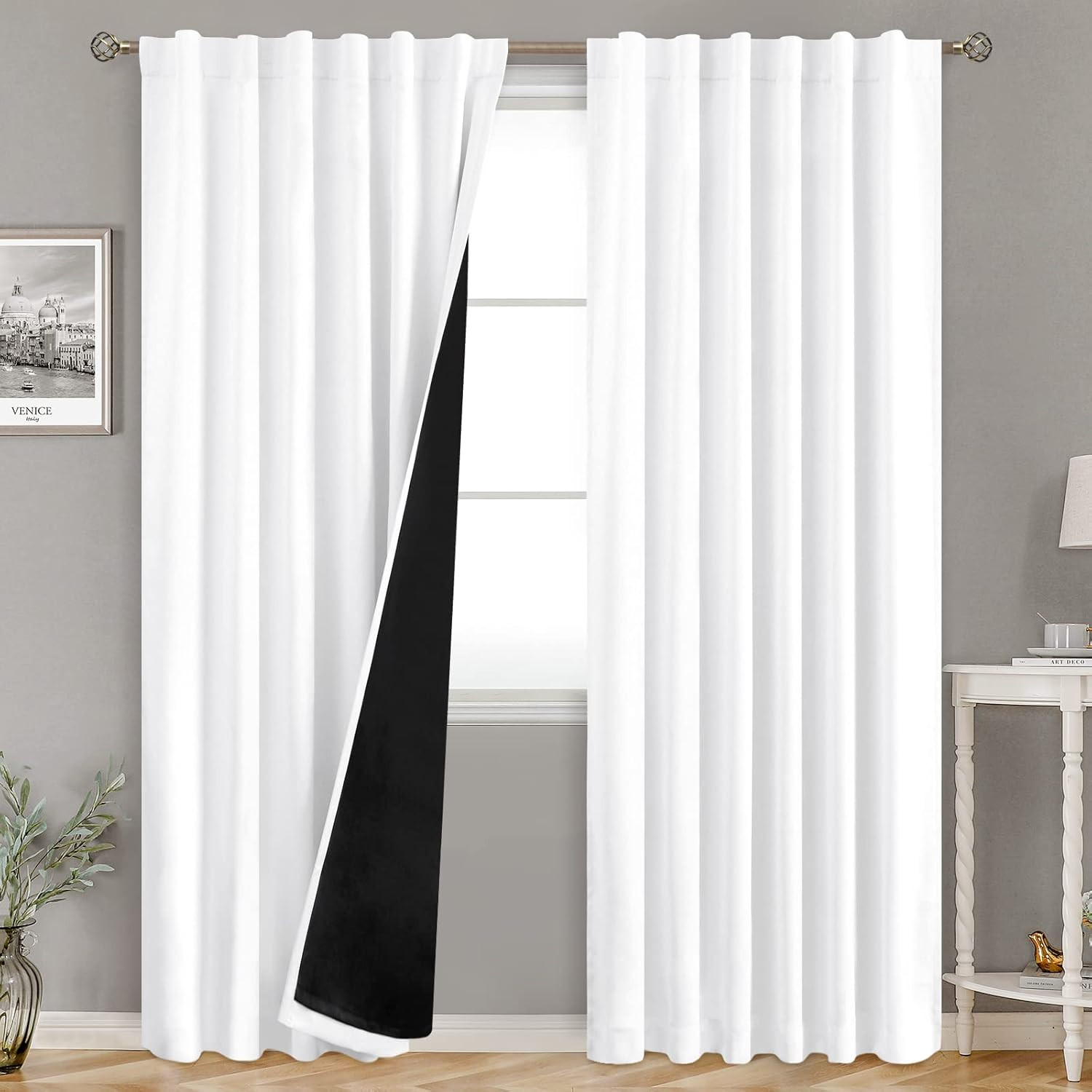 Pure White 100% Blackout Curtains for Bedroom, Black Out Living Room 84 inch Pan