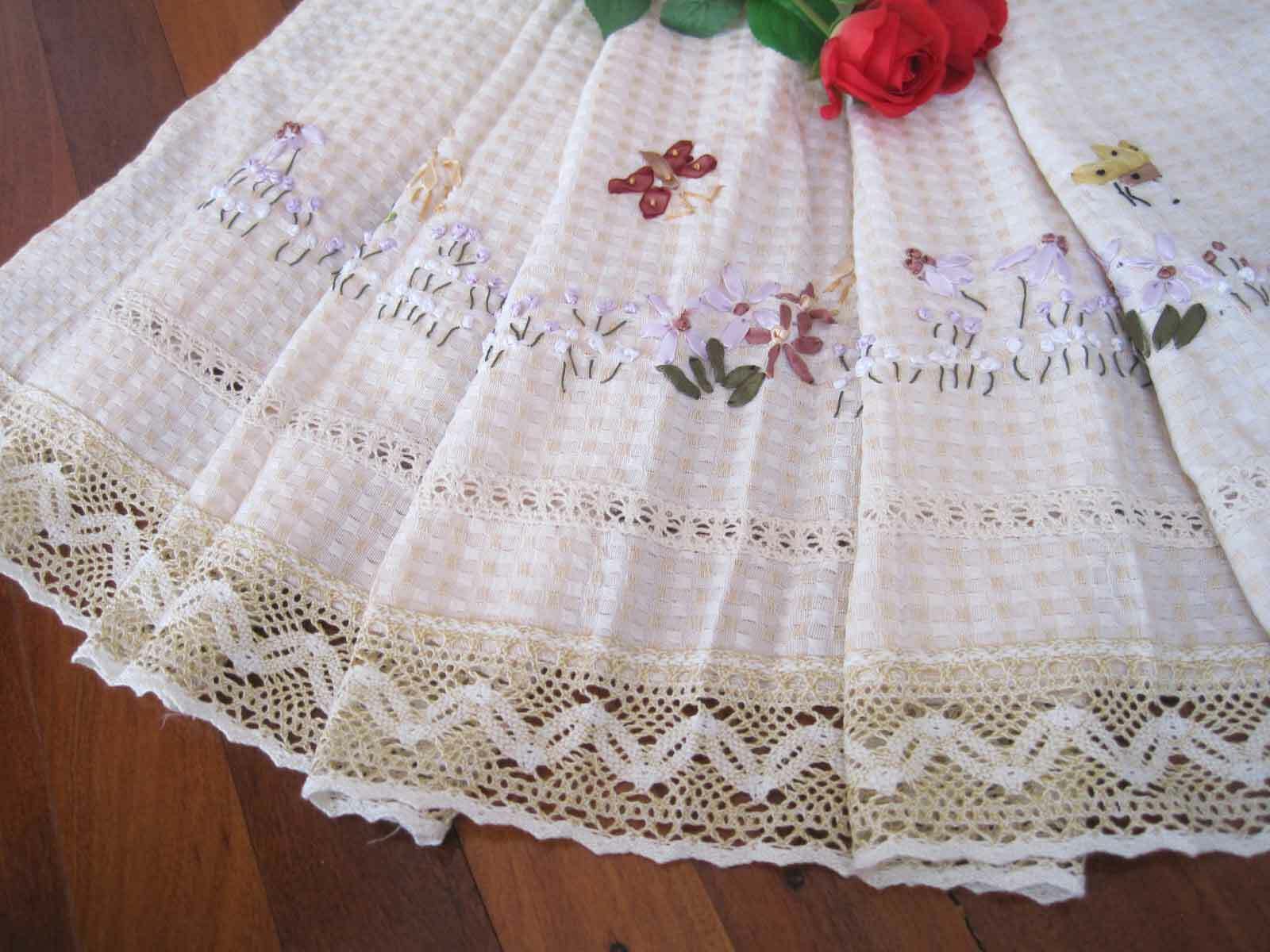 Pretty Silk Ribbon Flower Butterfly Hand Embroidery Crochet Lace Beige Curtain