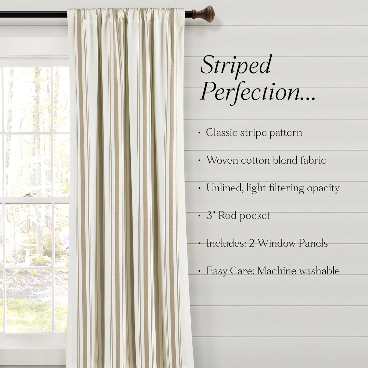 Eco-Friendly Farmhouse Stripe Cotton Curtain Panels, 42″x95″, Neutral Pair