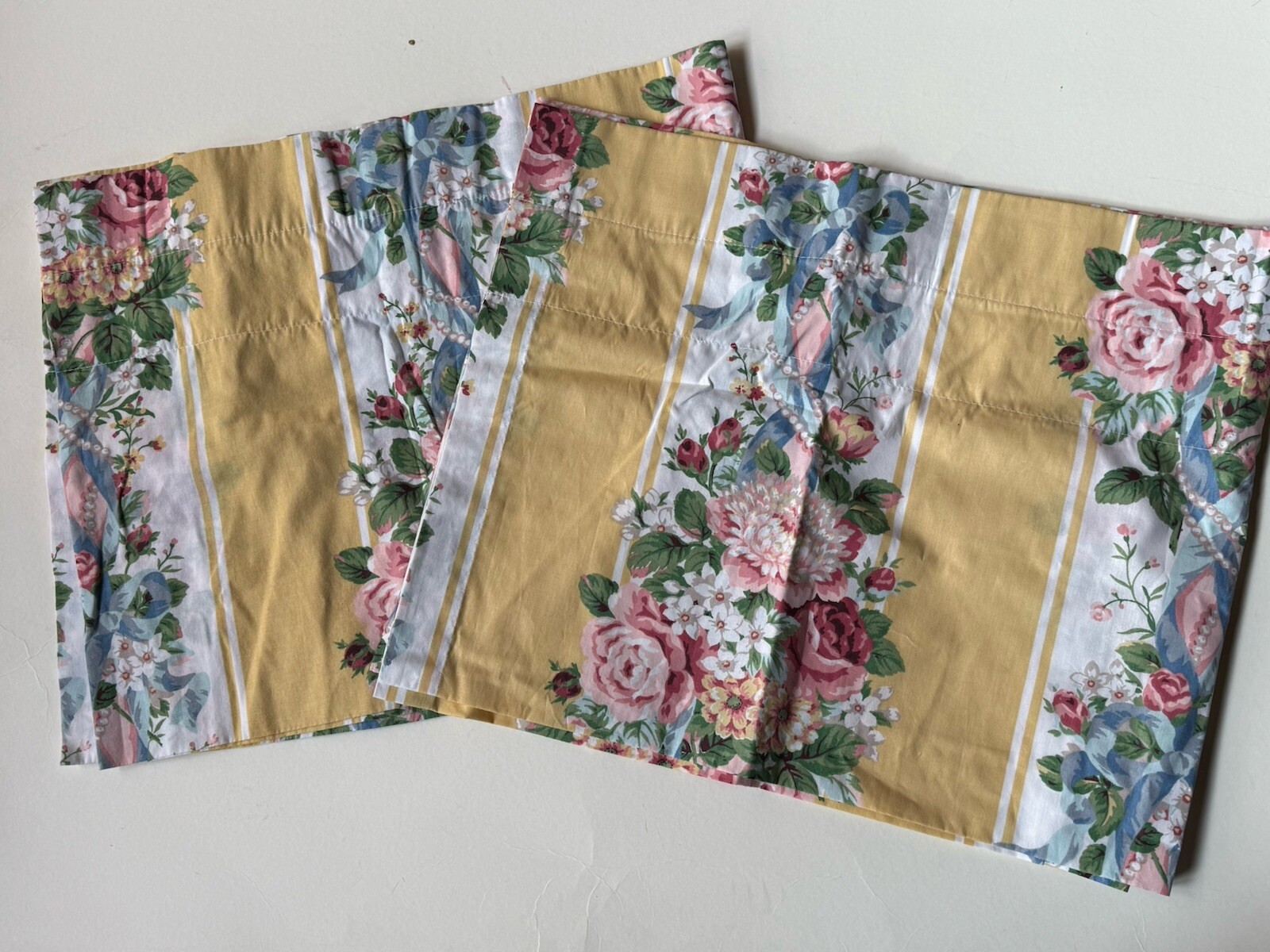PAIR Vintage CROSCILL Home *PRINCESS YELLOW Floral VALANCES Stripe Blouson 88×17