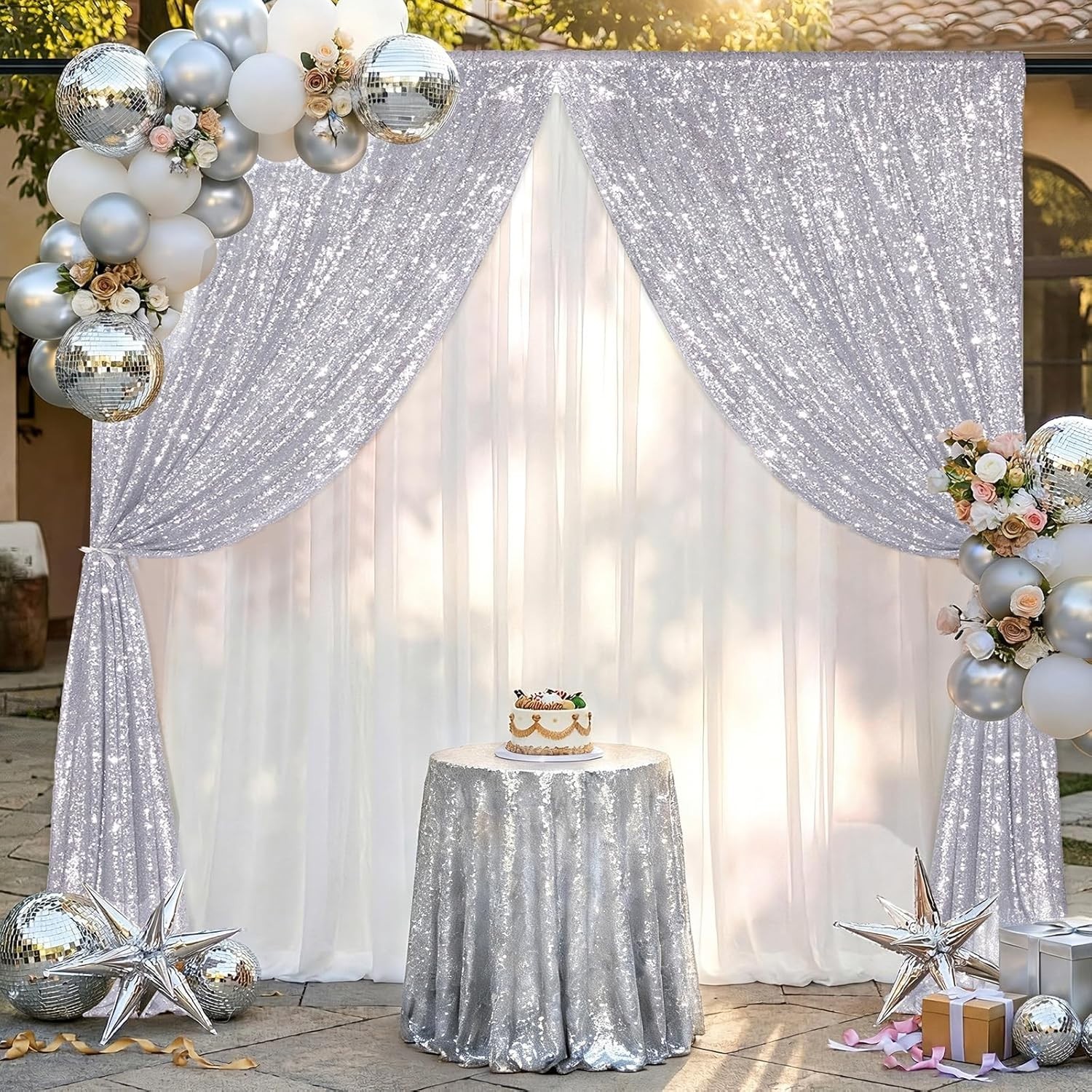 Silver Sequin Backdrop Curtains-2 Panels 2FTx8FT Silver Backdrop for Valentin…