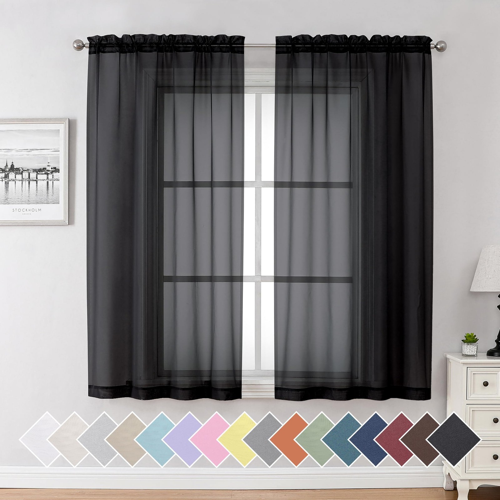 Sheer Curtains 63 Inches Long Light Weight Soft 40″W x 63″L (Pack of 2) Black