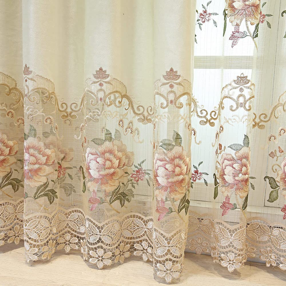 1pc Luxury Peony Embroidery Thermal Insulated Curtain Drape for Living Room