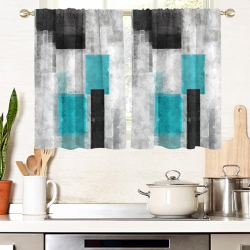 Teal Black and Grey Window Curtains for Kitchen Turquoise Aqua Gray Silver