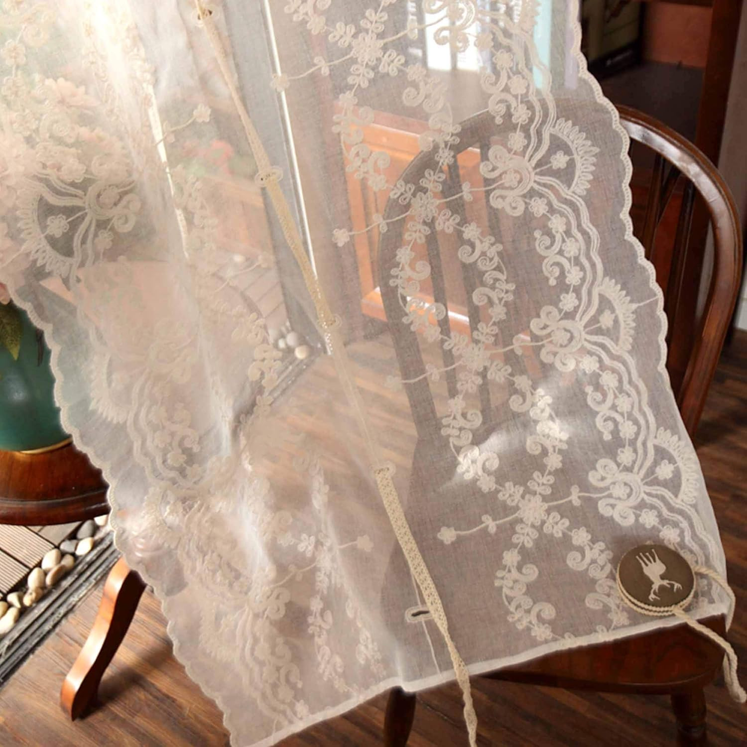 Country Style Pull up Balloon Sheer Curtain with Embroidered Floral Patterns Bei