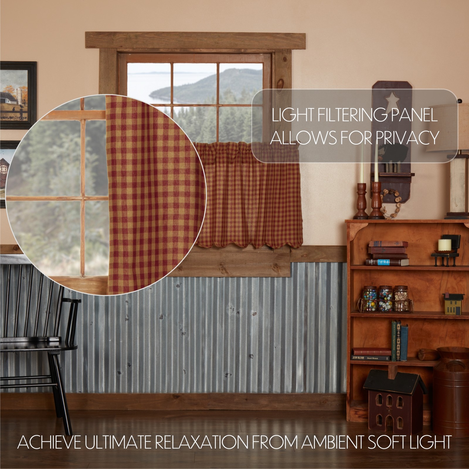 Primitive 24″x36″ Tier Pair Red Rod Pocket Kitchen Window Curtains VHC Brands