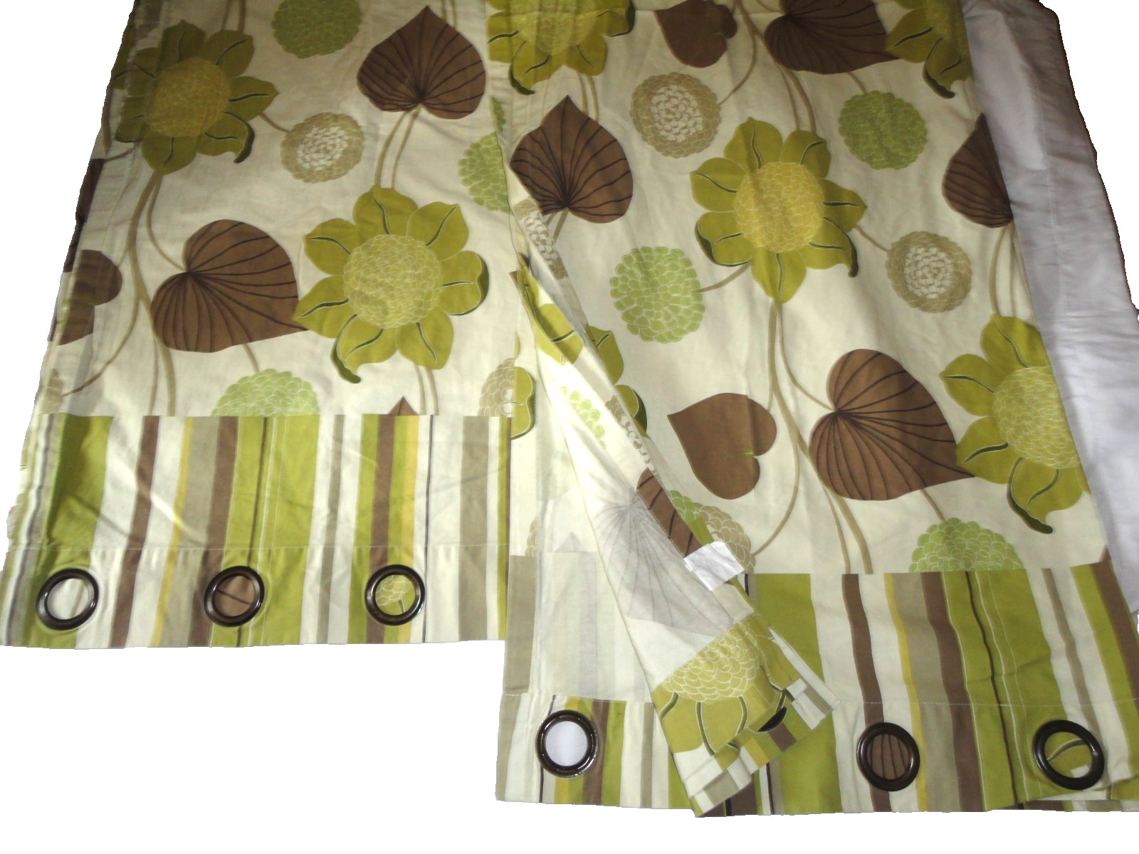 PIER 1 IMPORTS DELILAH GREEN BROWN FLORAL LEAVES STRIPE (2) PANELS CURTAIN 53X83
