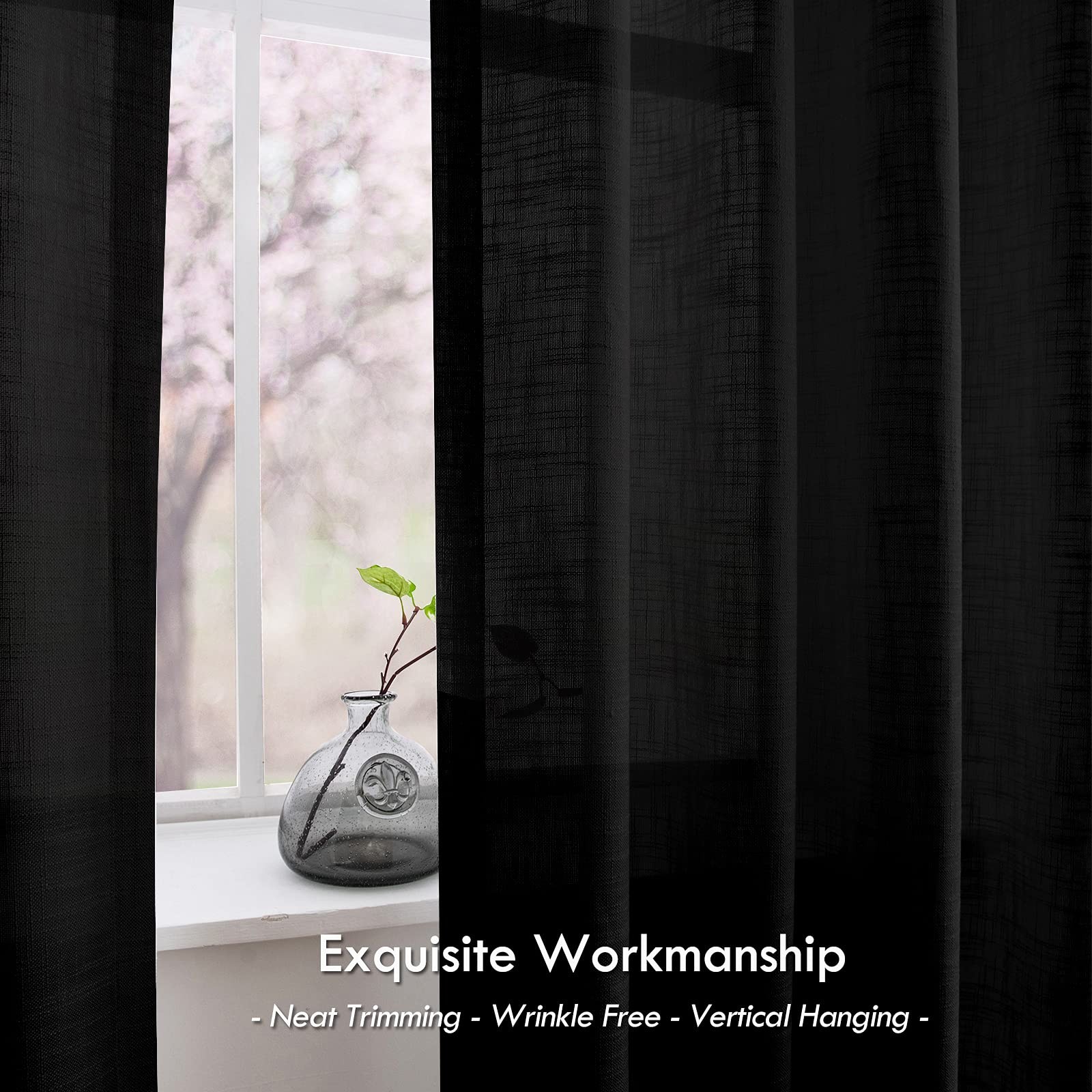 Melodieux Black Linen Textured Semi Sheer Curtains 63 Inch Length For Bedroom