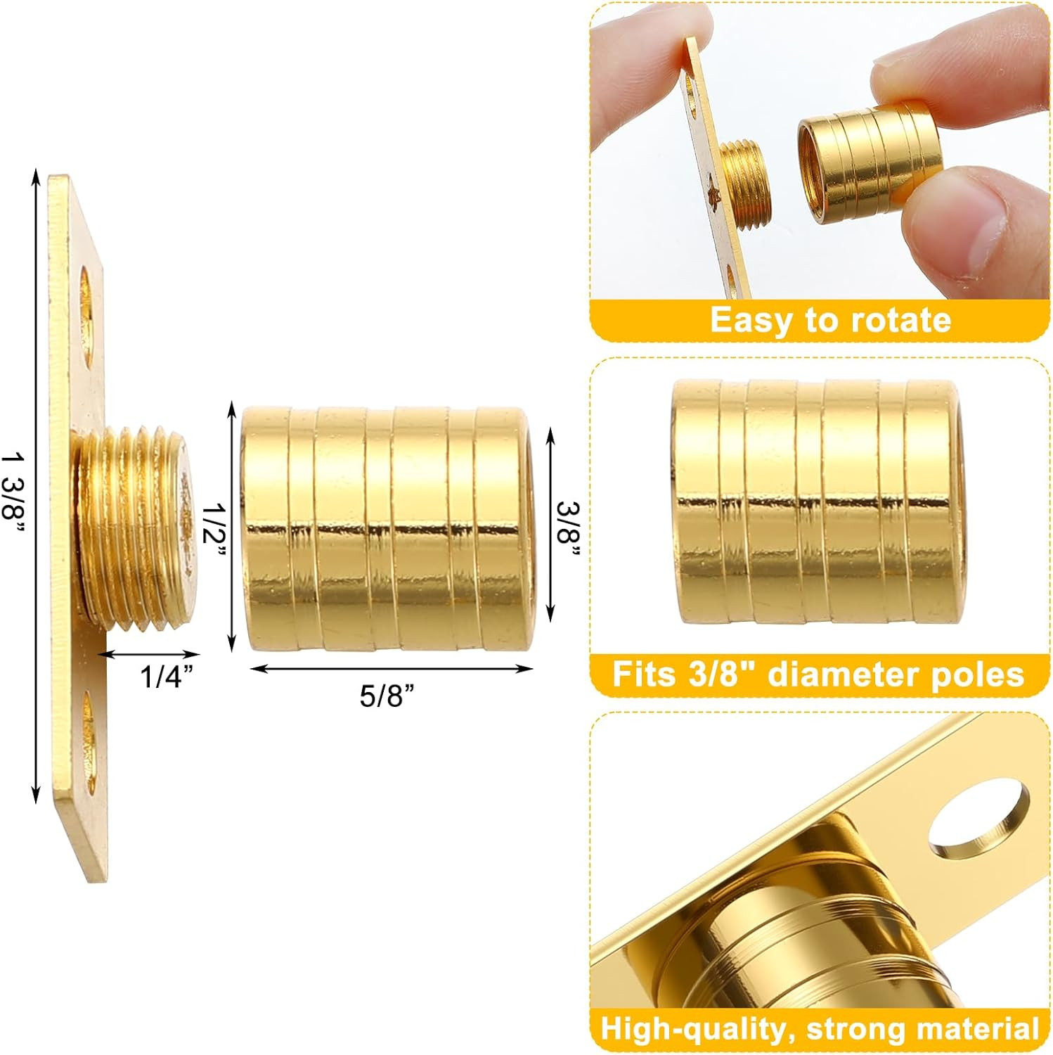 4 Pcs Inside Mount Curtain Rod Bracket 3/8″ Bracket Set for 3/8″ Rodding (Brass)