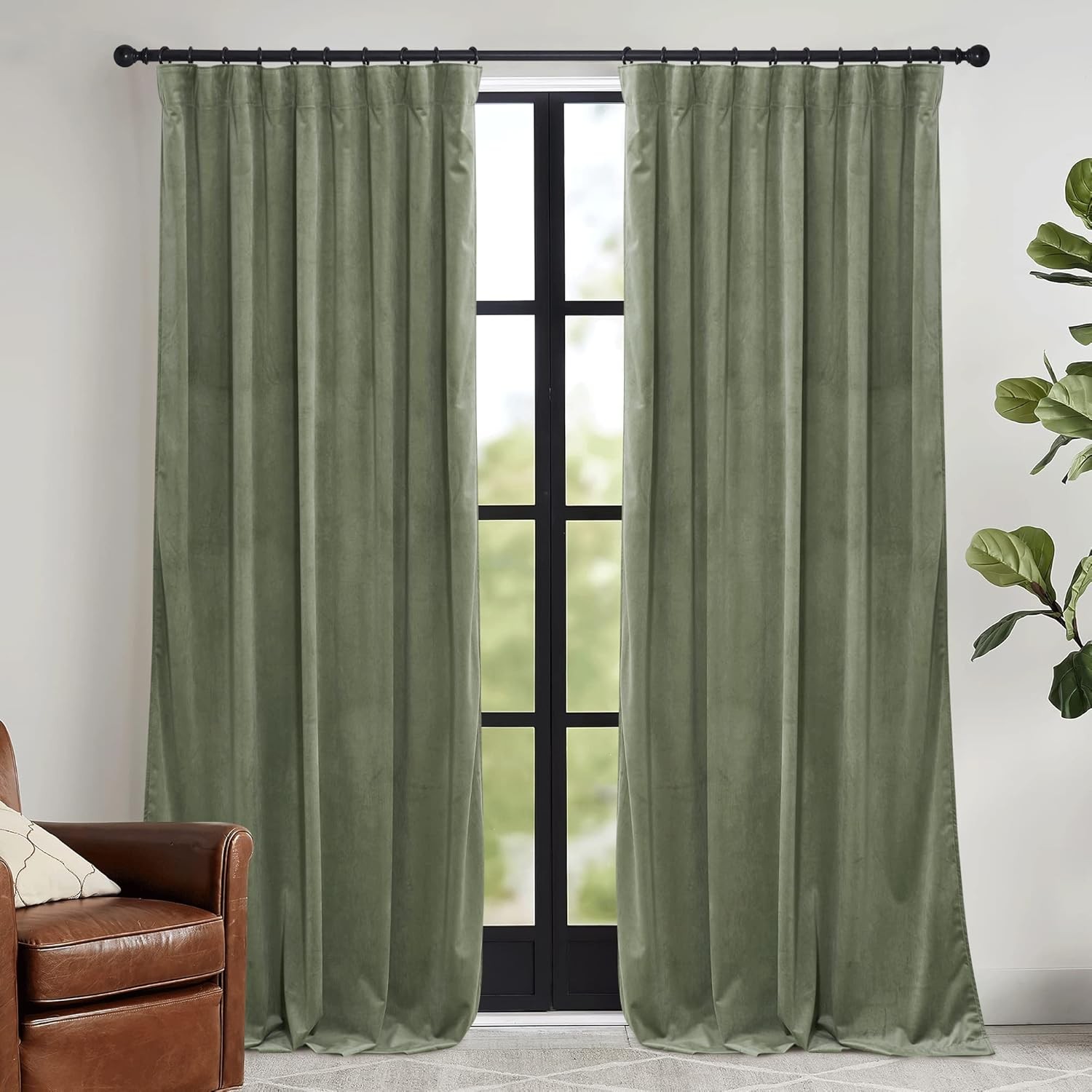 Velvet Curtains Sage Green Room Darkening Drapes 84 Inches Thermal Insulated
