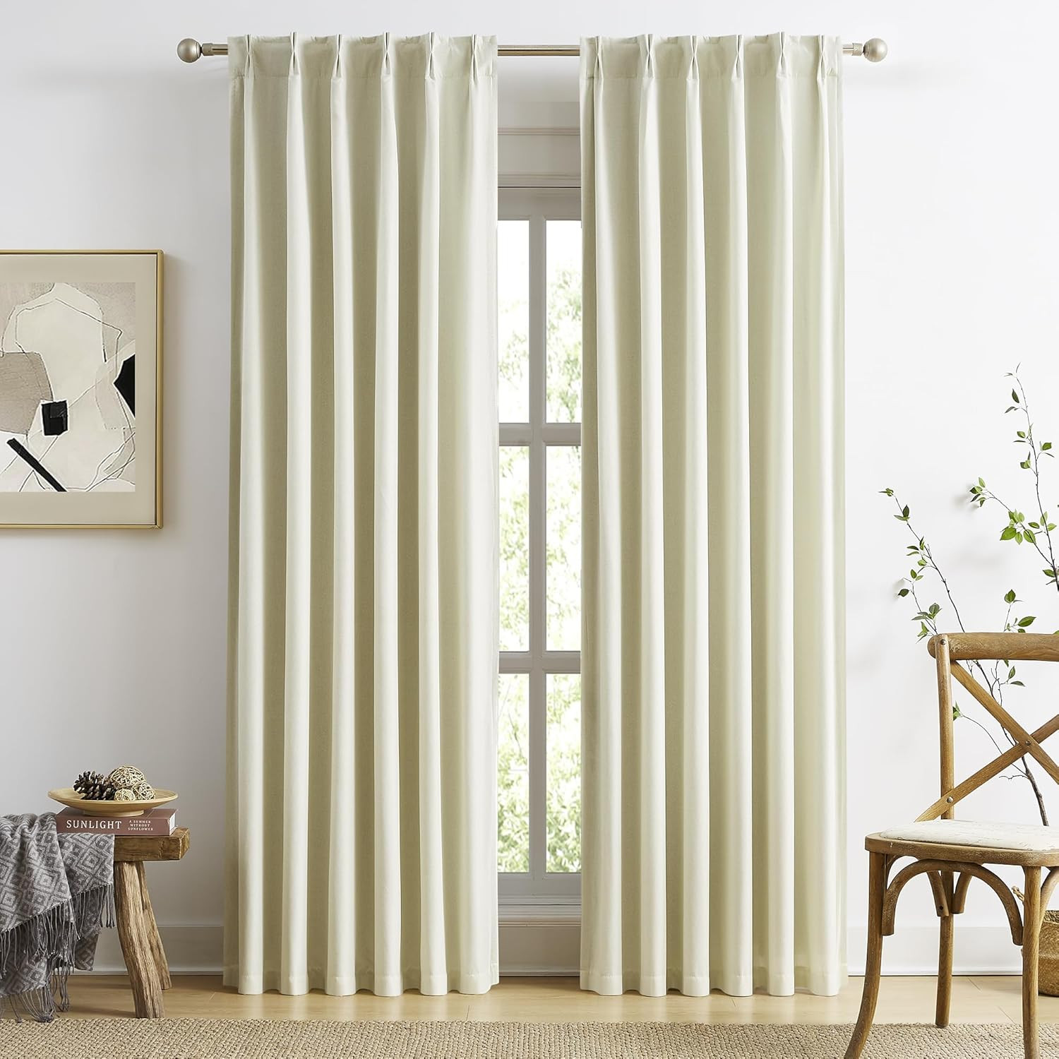 Blackout Pleated Curtains 102″ Length, Cream Beige, 2 Panels