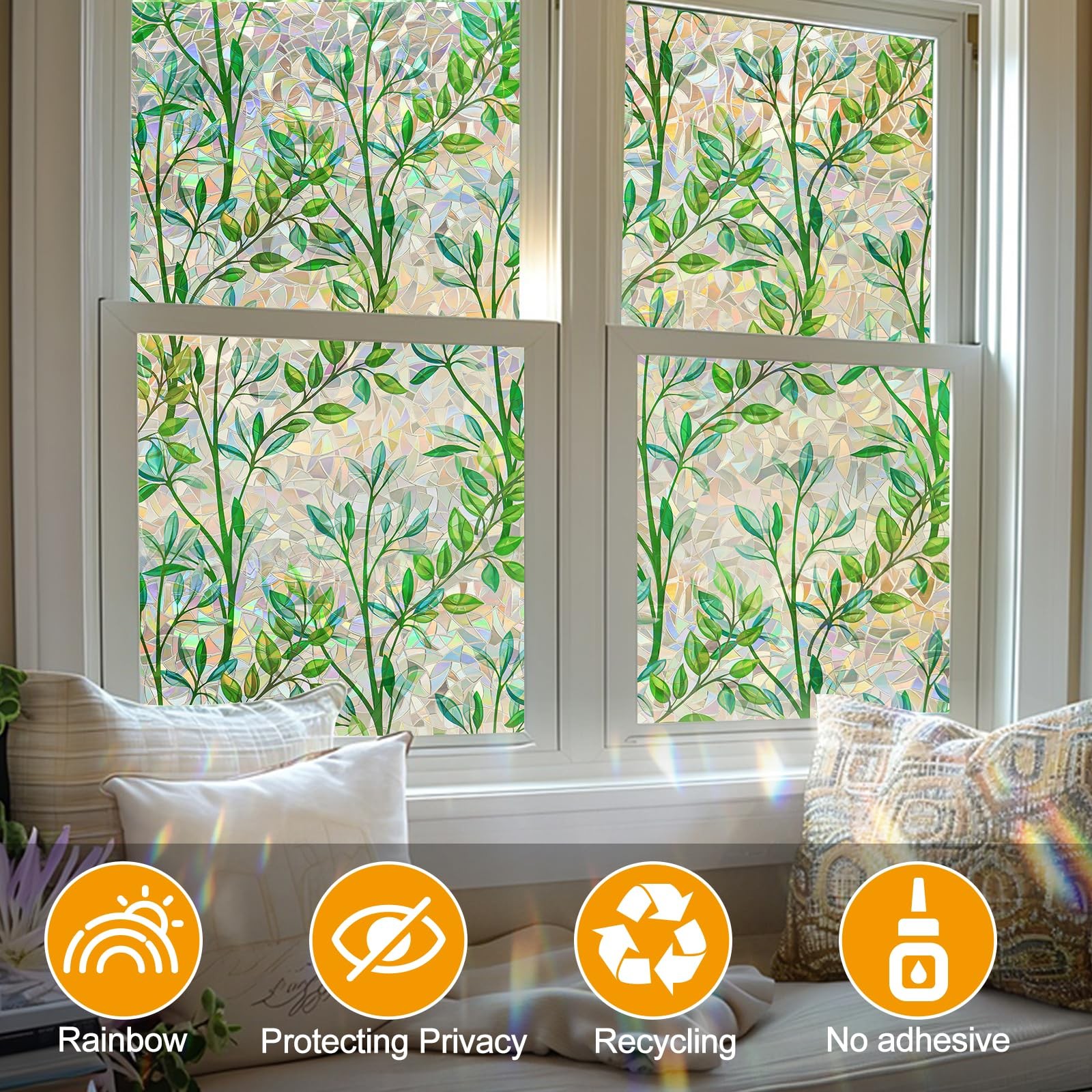 Countewol Window Privacy Film Stain Glass 78.7″L*17.5″W, Leaf Rainbow