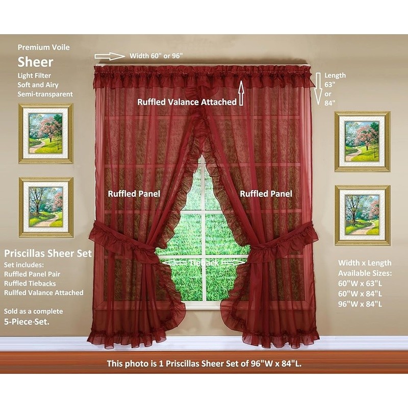 Premium Voile Sheer Ruffled Curtain Set W/ Tiebacks Valance 2 Panels 5 Pieces US