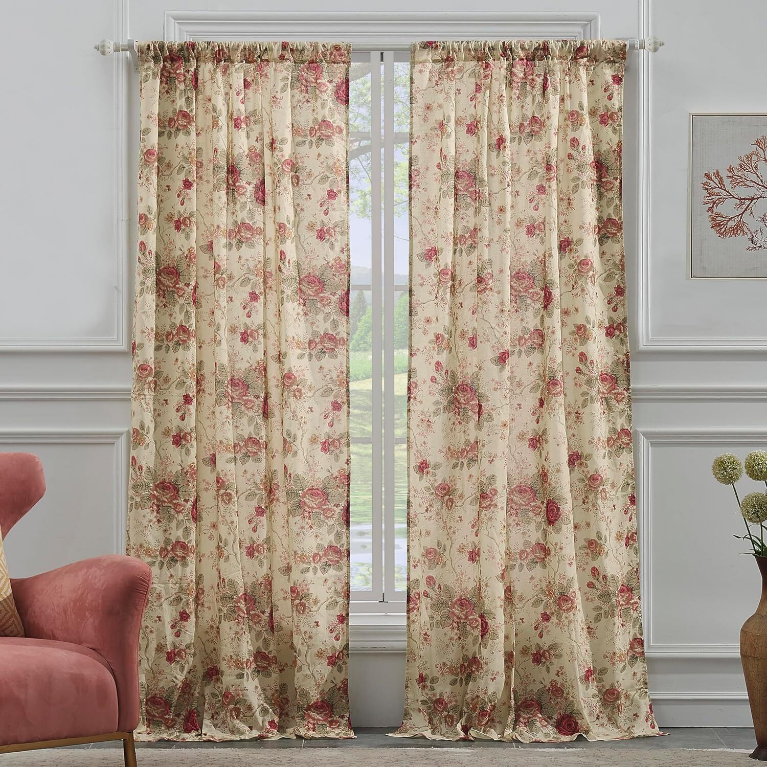 Antique Rose Curtain Panel Pair, 42 x 84 inches, Multi Color