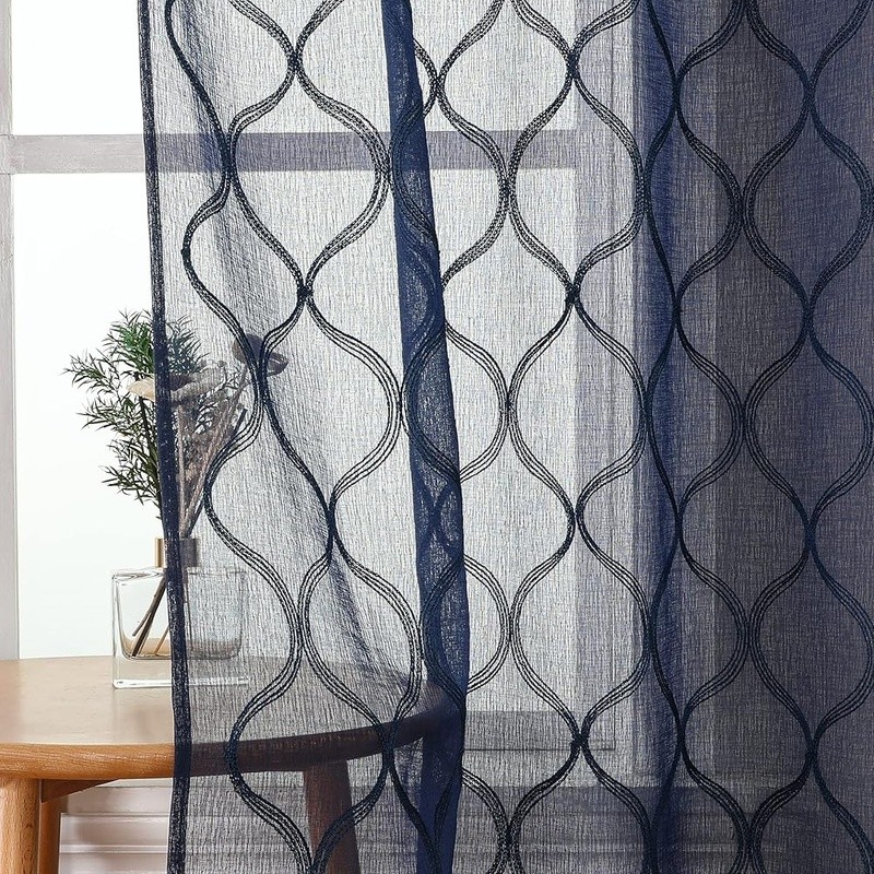 Geometric Embroidered Sheer Curtains Light Filtering Window Treatment 2 Panels