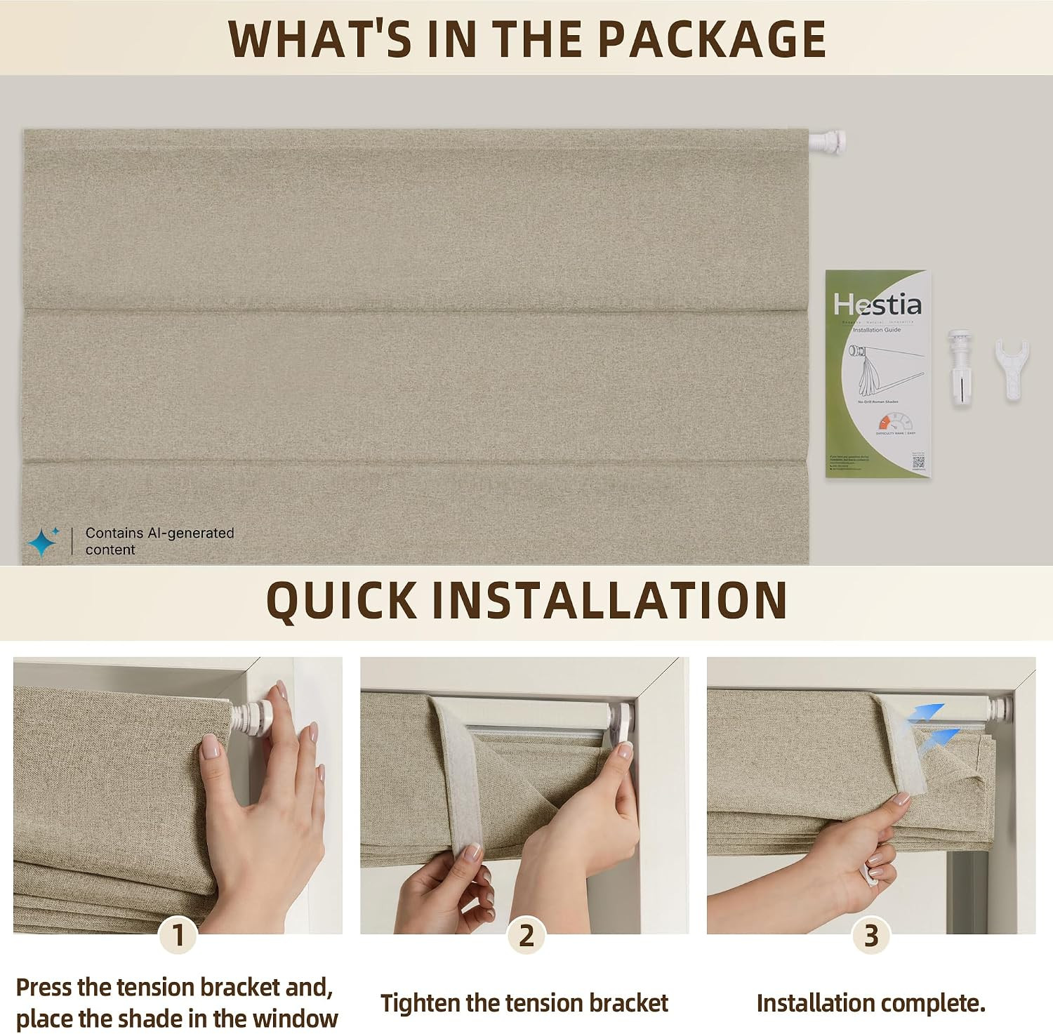No Drill Cordless Roman Shades for Windows, Brown, 45″ W X 64″ H | 100% Blackout