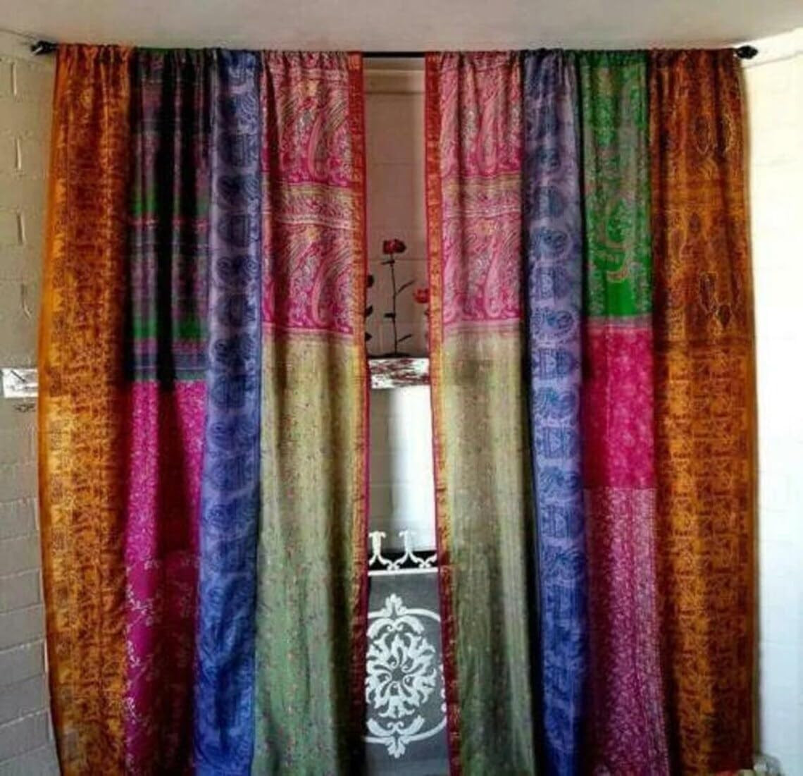 Limracreation® Indian Vintage Patchwork Silk Sari Curtains – 2 Panels | Boho Mul