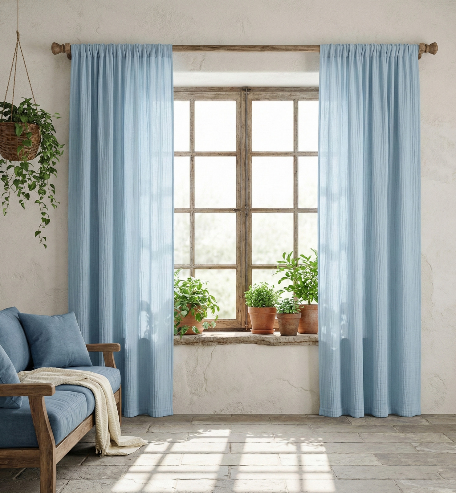 Powder Blue Crinkled Muslin Window Curtain – One Panel, Home Living Room Drapes
