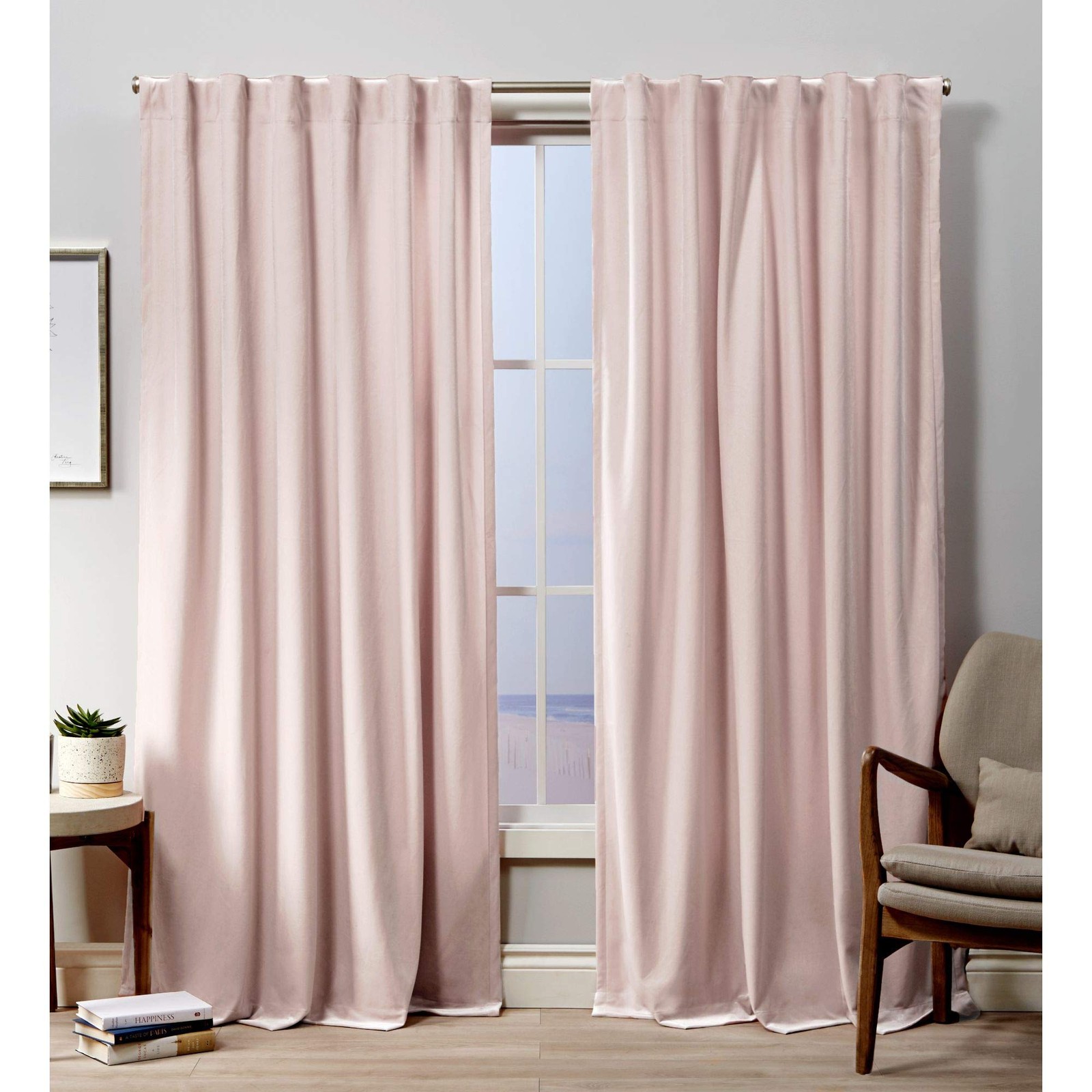 Velvet Heavyweight Light Filtering Tab Top Curtain Panel Pair, 52″x84″, Blush