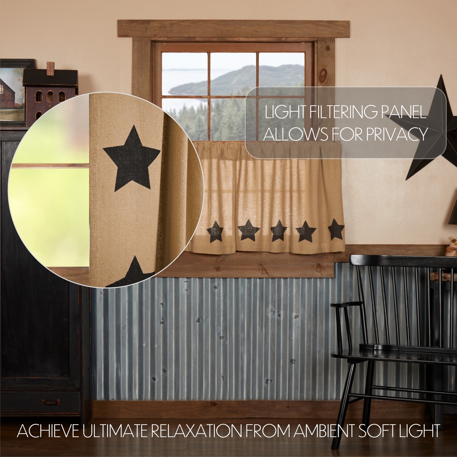 Primitive 24″x36″ Stars Tier Pair Tan Rod Kitchen Window Curtains VHC Brands