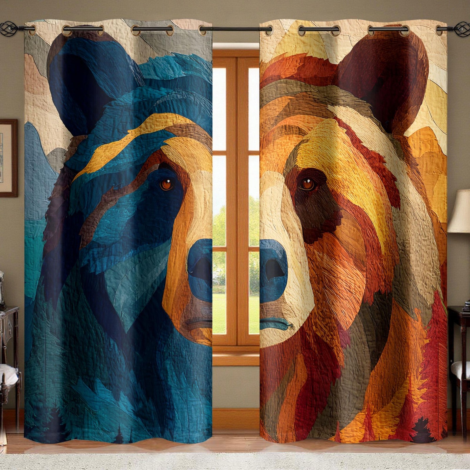 Woodland Bear Curtains Colorful Abstract Wildlife Rustic Cabin Decor Gift Ideas!