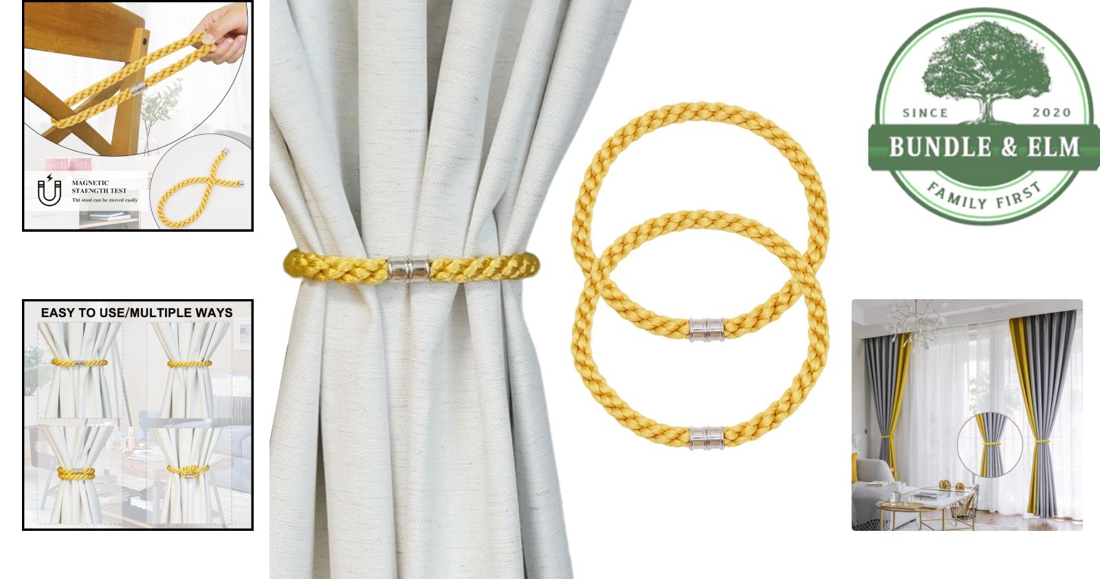 Stylish Gold Curtain Tiebacks, 2pcs Magnetic Holders for Various Curtain Styles