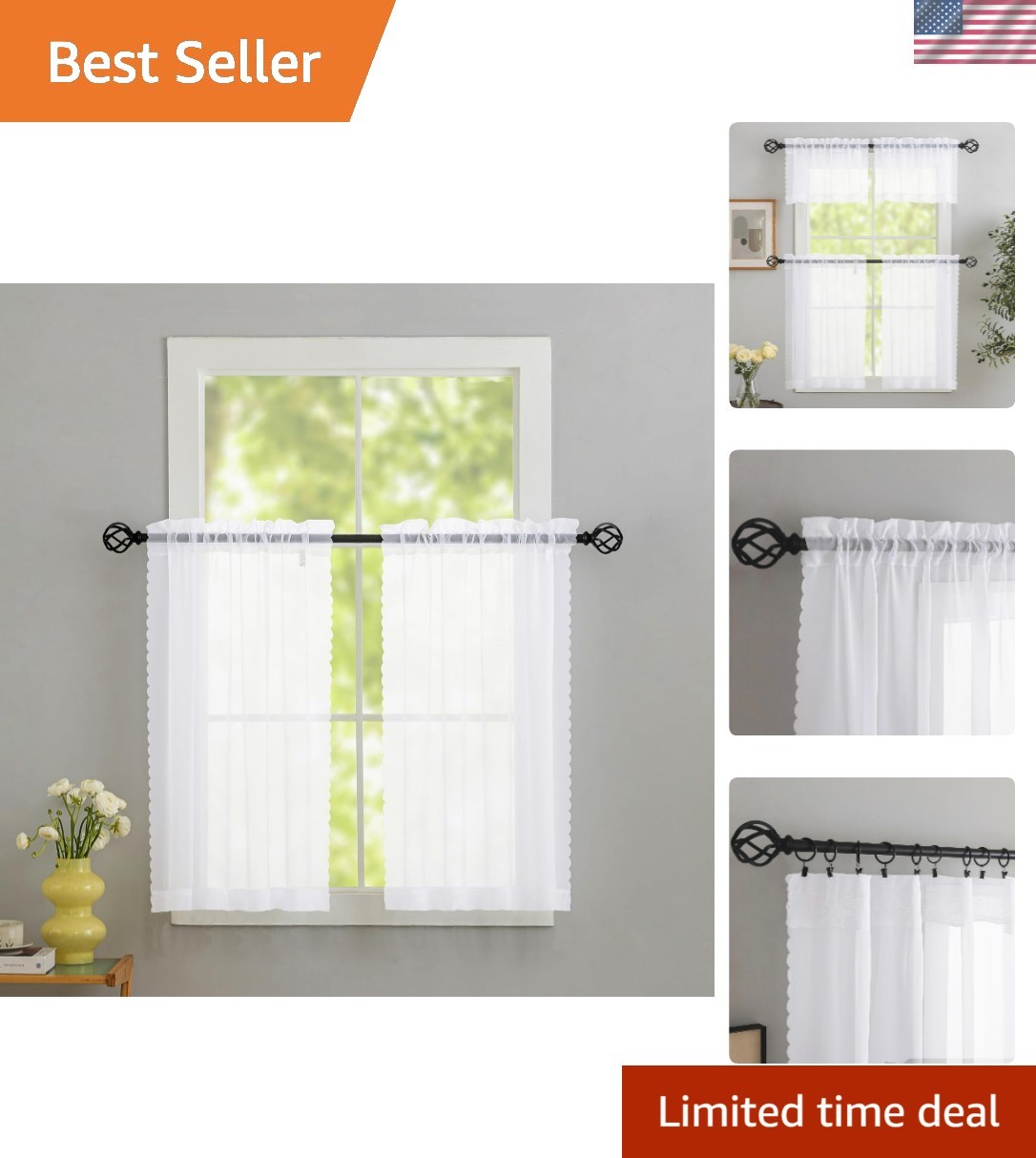 White Sheer Kitchen Curtains 36 inch Length 2 Panels, Light Filtering Voile R…