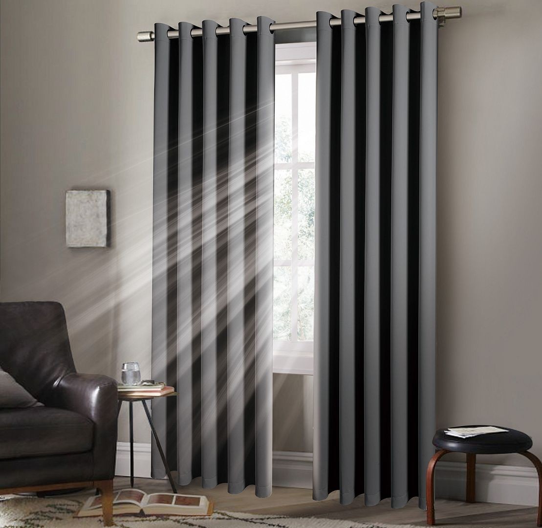 Plain Thermal BLACKOUT LINED EYELET Ring Top Curtains with Tie Backs
