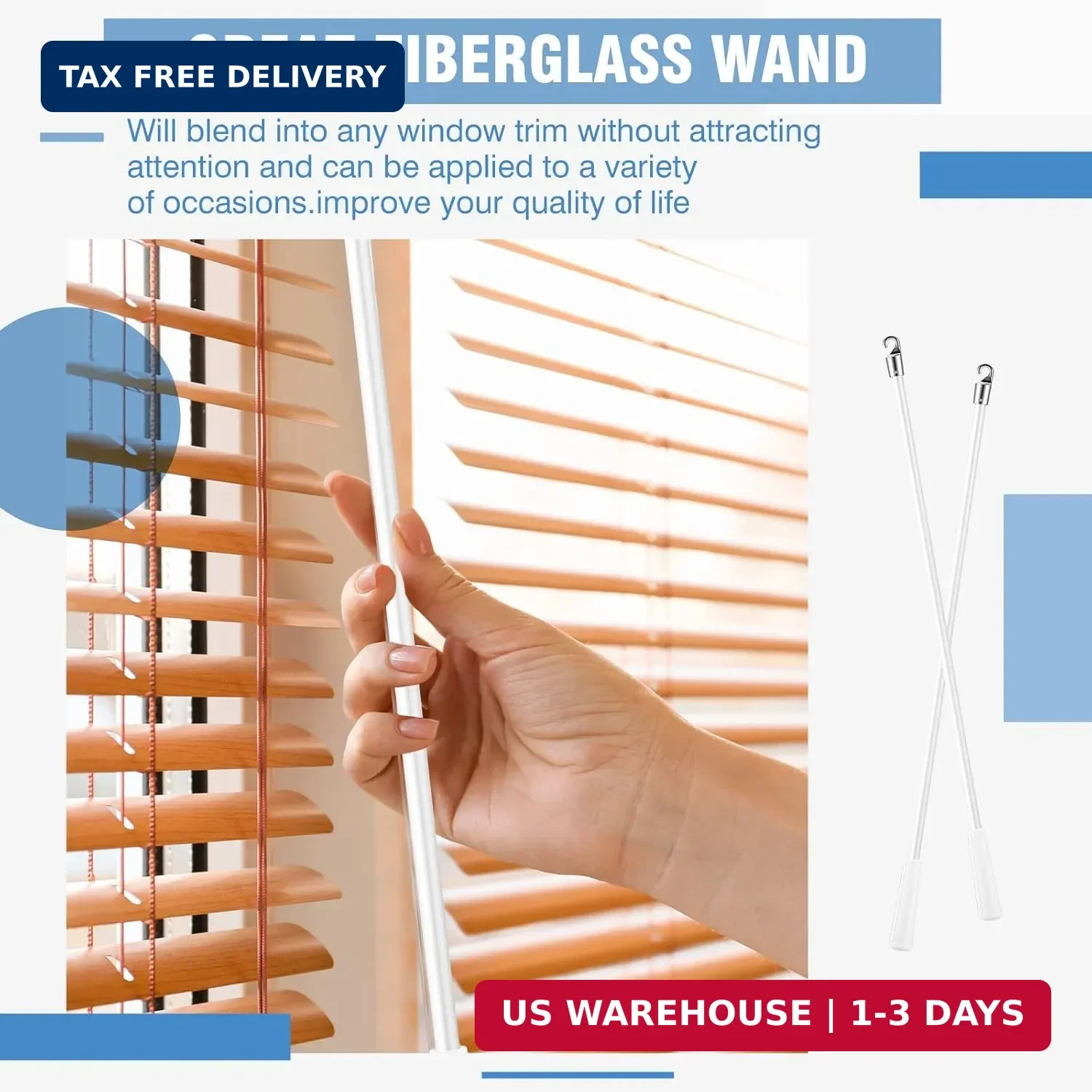 Bokon 4 Pcs Blinds Wand Replacement with Hook and Handle White Fiberglass Long V