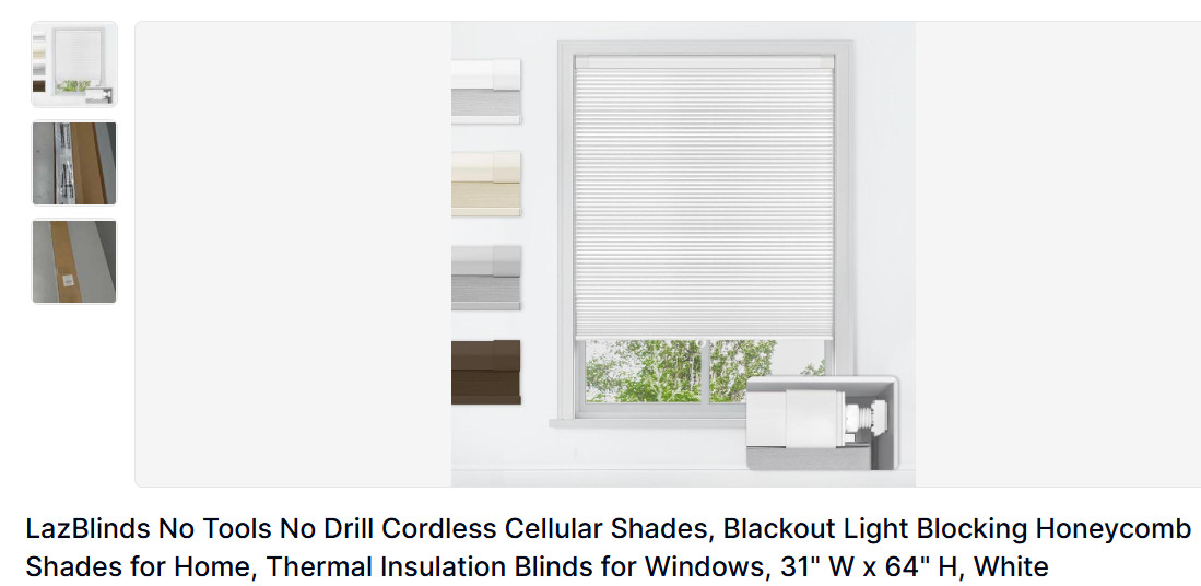 LazBlinds Cordless Cellular Shade-blackout-no tools- 31″x64″ JPT001-NFCBO-057