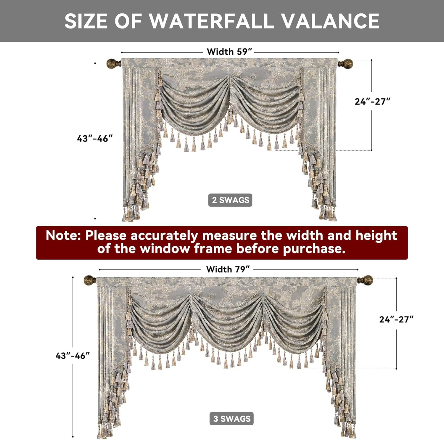 Luxury Waterfall Valances for Windows, Jacquard Thick Swag Waterfall Curtains Va