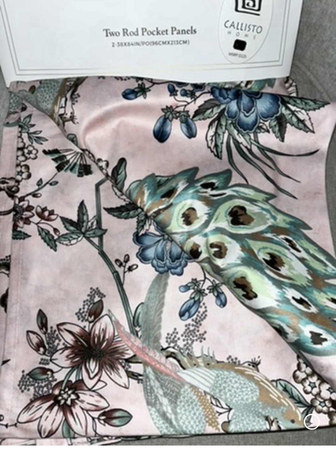 1-NWT CALLISTO HOME PEACOCK PRINT CURTAINS SET OF 2 PANELS SIZE 38”x 84”