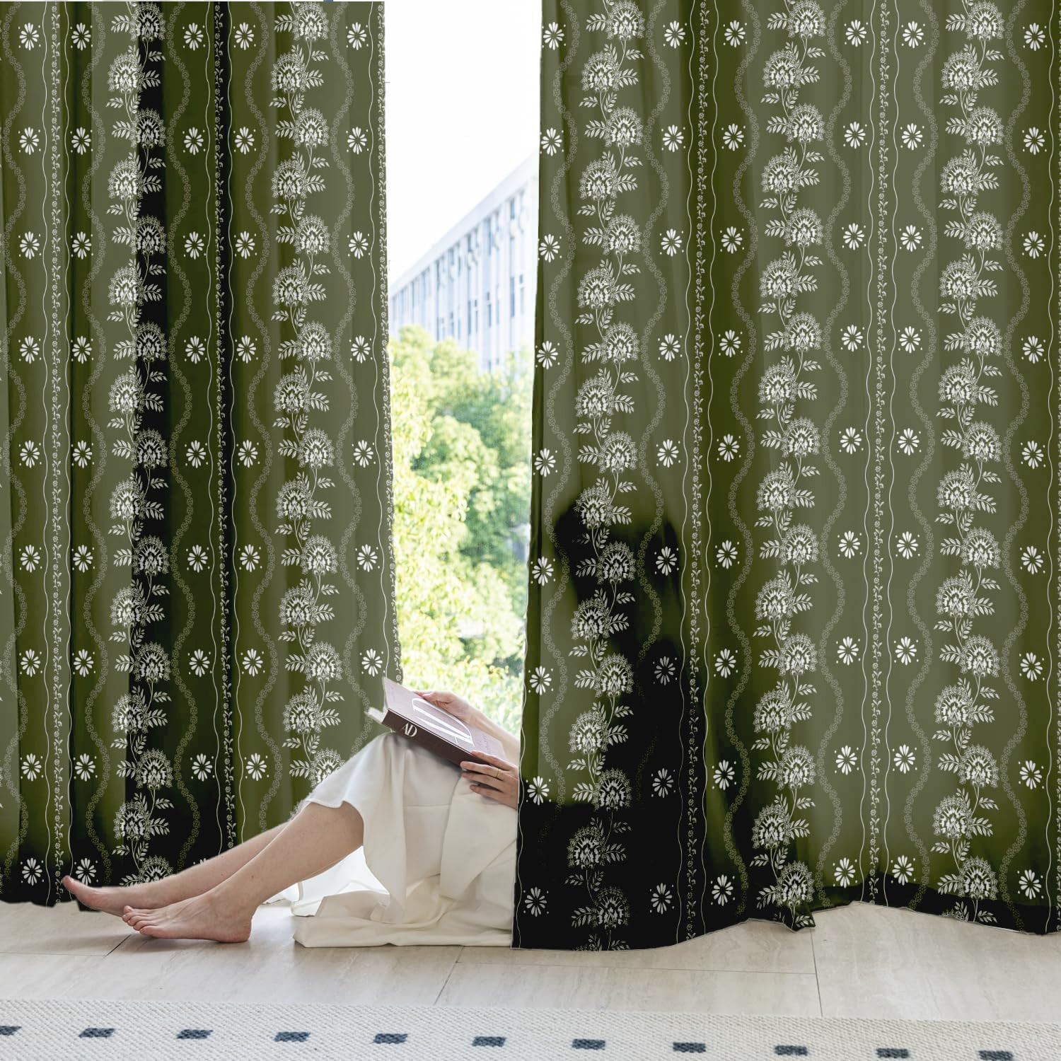 Green Floral Curtains 84 Inch Length 2 Panels Set Olive Green and White Vintage
