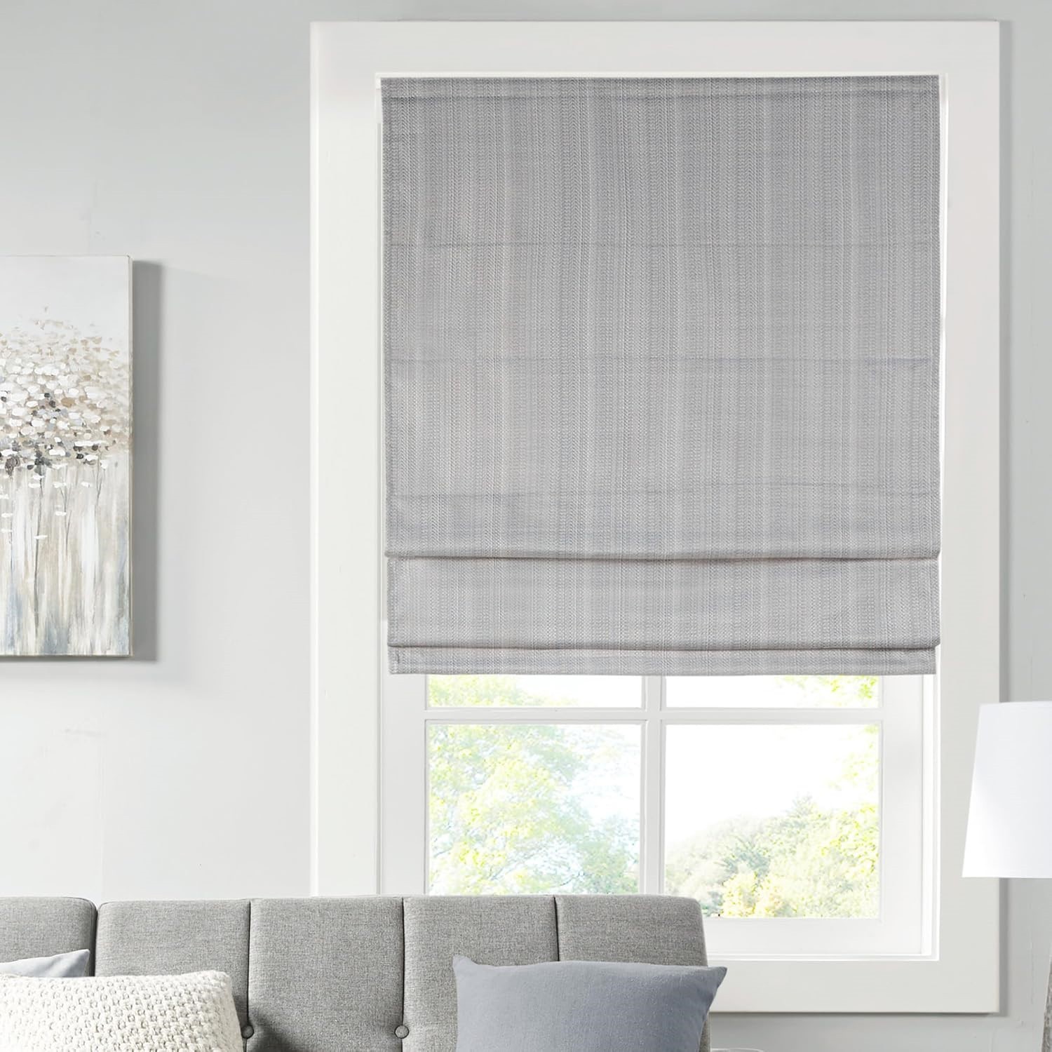 Madison Park Galen Cordless Roman Shade, 27″W x 64″H, Sheen Grey NEW
