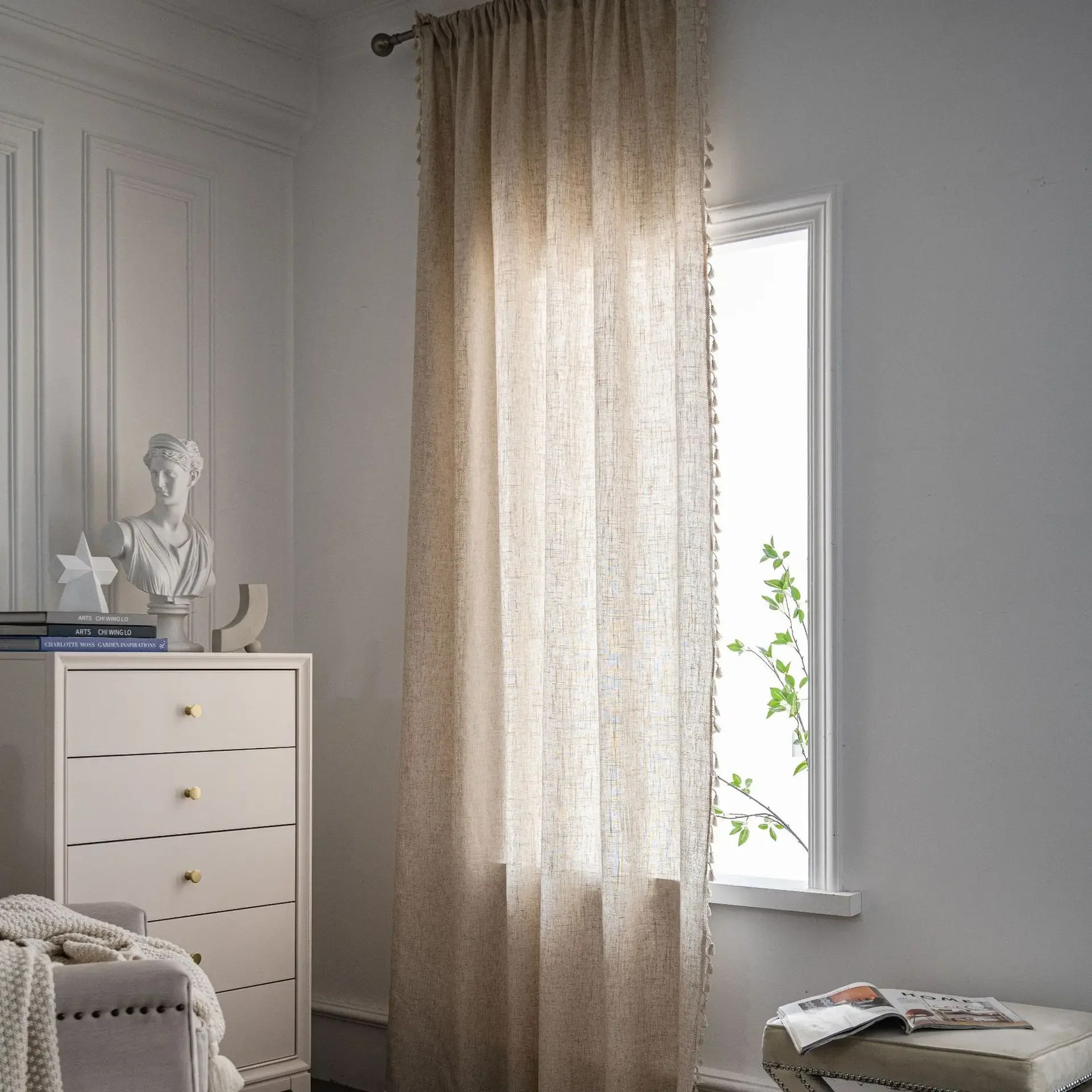Linen Semi Blackout Curtain 1 Panel Handmade Cotton Burlap Stitching Lace Tassel