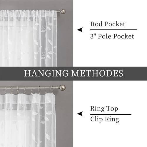 Leaf Sheer Tier Curtain Leaves Embroidered 30″W x 36″L (Pack of 2) White