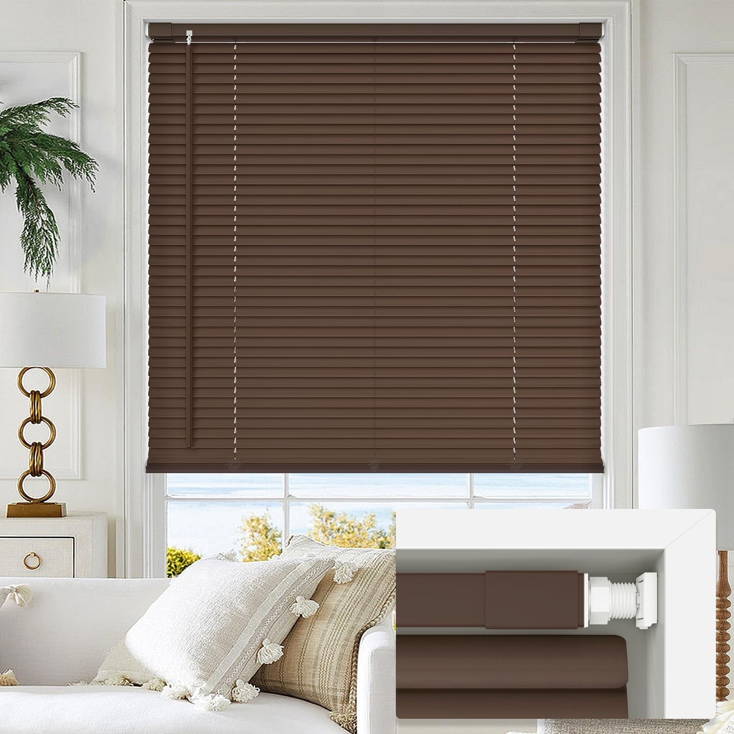LazBlinds No Tools No Drill Cordless 1″ Vinyl Mini Blinds 26″ W x 64″ H Mahogany