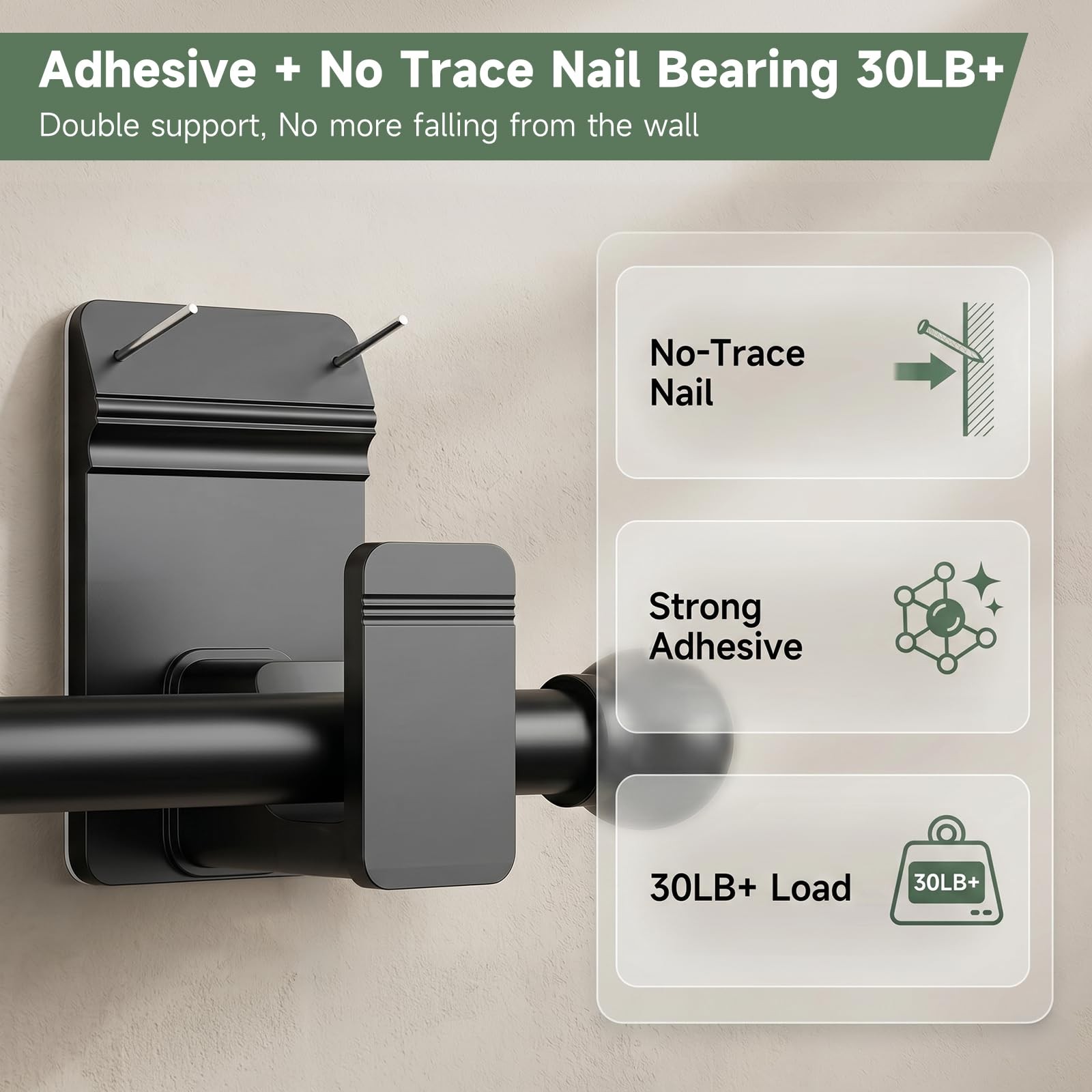 EKOTTOK No Drill Curtain Rod Brackets 4pc Black 5/8″ Rod