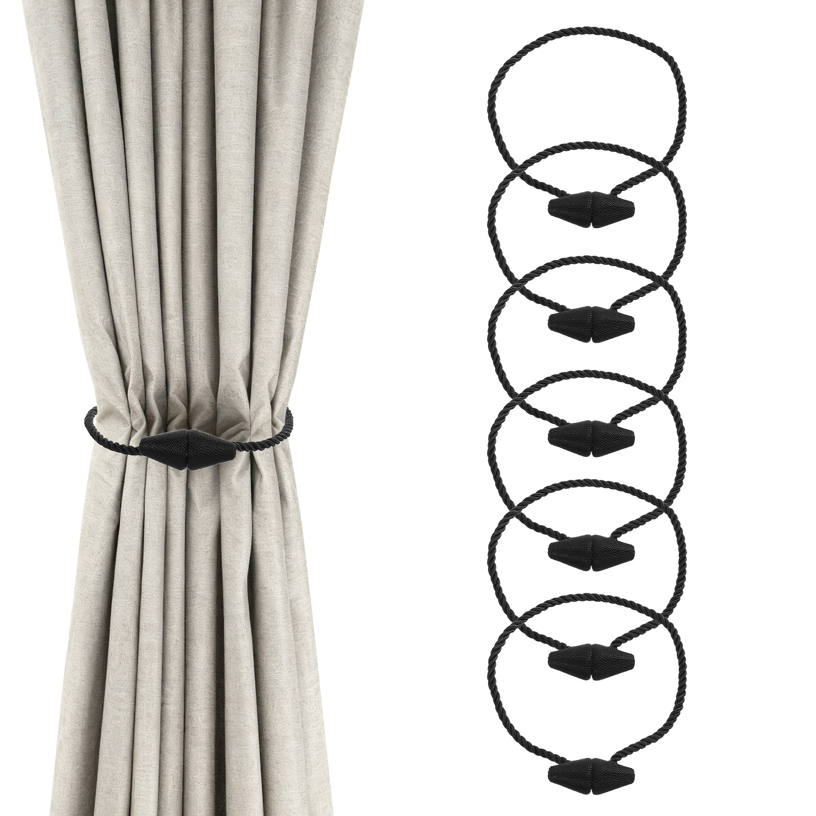 6 Pcs Magnetic Curtain Tiebacks, Modern Weave Curtain Tie Backs, Black